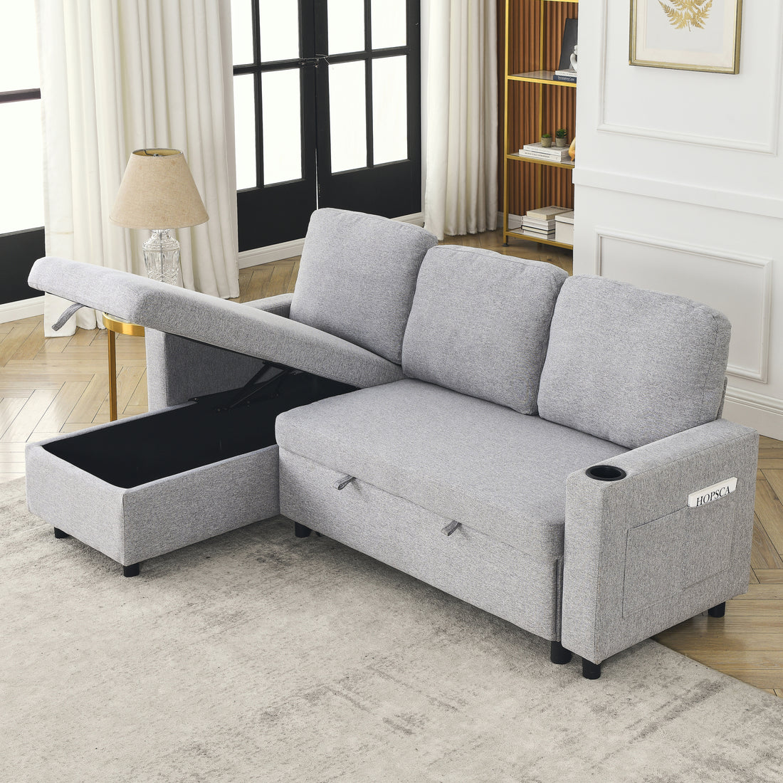 Fx78.7"Comfortable Linen L Shaped Combo Sofa Sofa Bed, Living Room Furniture Sets For Tight Spaces, Reversible Sleeper Combo Sofa With Pullout Bed,Reversible Sofa Bed For Living Room, Office, Apartmen Light Gray Linen Wood Primary Living Space Foam