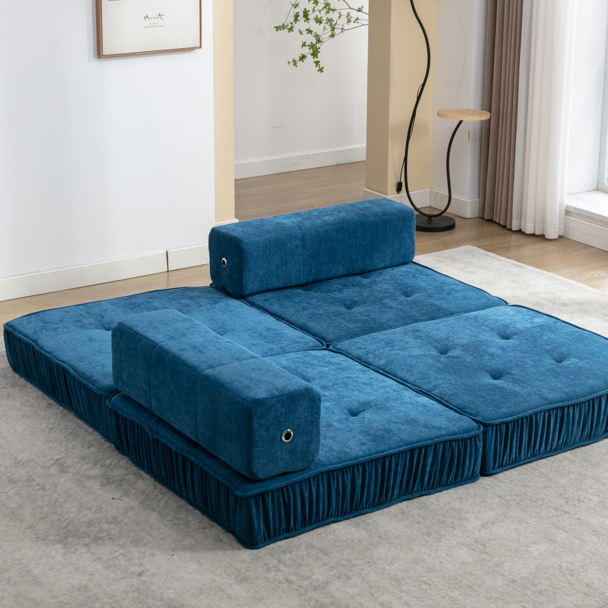 Folding Sofa Bed, Futon Sleeper Chair, Convertible Chair Floor Couch & Sleeping Mattress For Living Room, Guest Room, Home Office, Apartment, Small Space, Bed, Removable Back Cushion, Blue, 1 Seat Blue Chenille Primary Living Space Pillow Back Soft