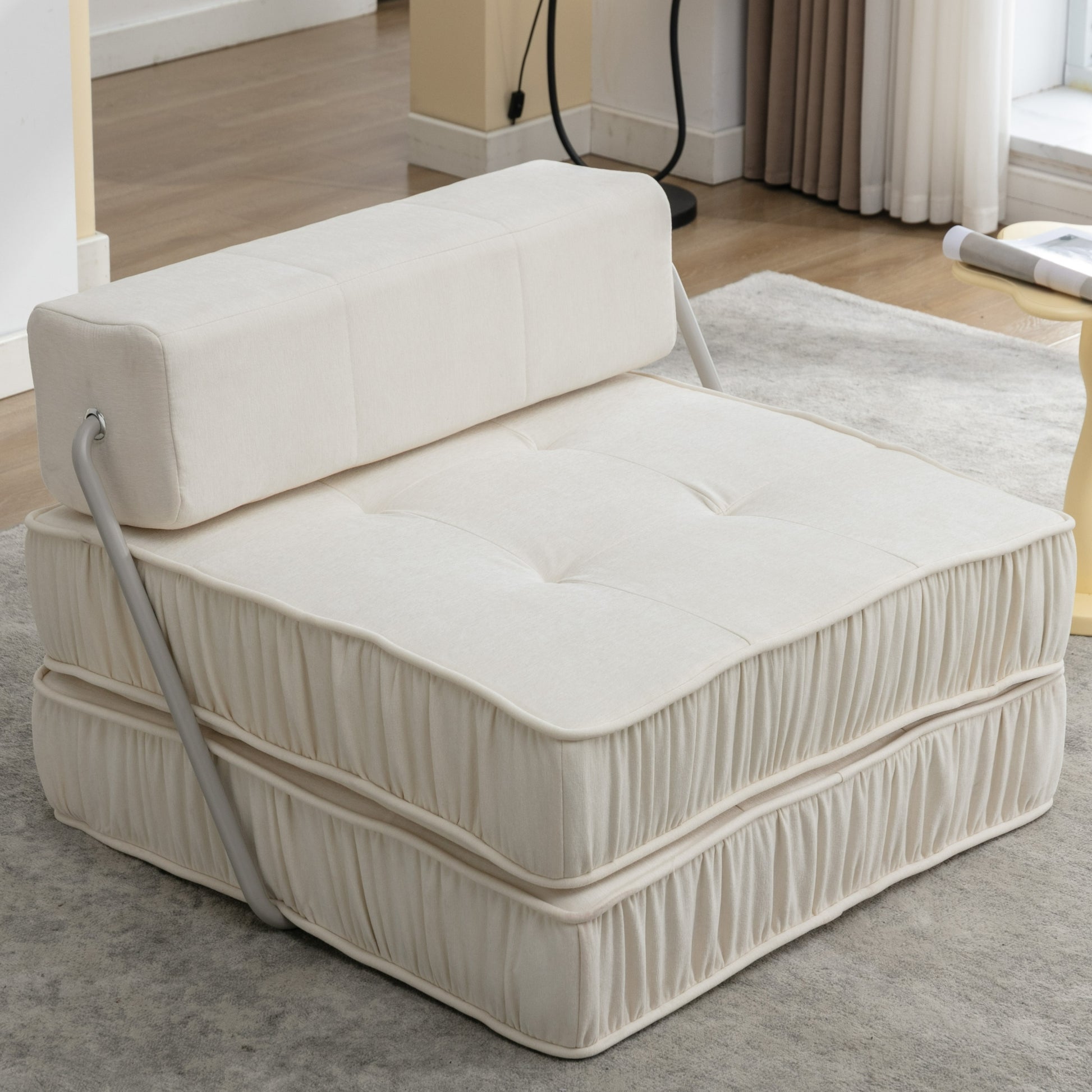 Folding Sofa Bed, Futon Sleeper Chair, Convertible Chair Floor Couch & Sleeping Mattress For Living Room, Guest Room, Home Office, Apartment, Small Space, Bed, Removable Back Cushion, White, 1 Seat White Chenille Primary Living Space Soft Pillow Back