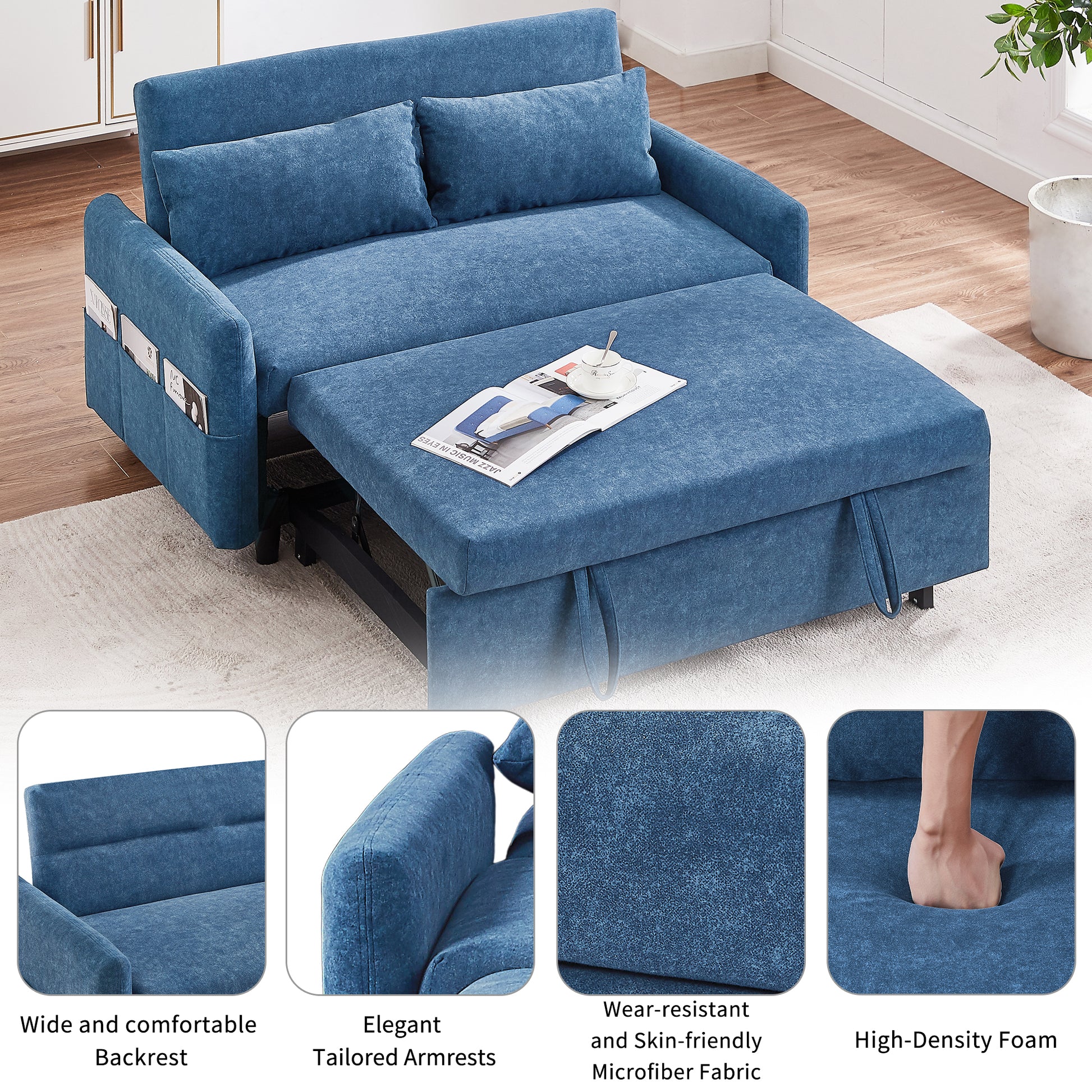 55.1" Pull Out Sleep Sofa Bed Loveseats Sofa Couch With Adjsutable Backrest, Storage Pockets, 2 Soft Pillows, Usb Ports For Living Room, Bedroom, Apartment, Office, Blue Old Sku: Wf315689Aac Blue Foam Microfiber 2 Seat