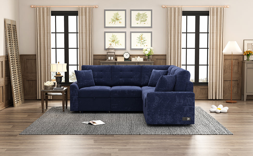 82.6" L Shape Sofa Bed Pull Out Sleeper Sofa With Wheels, Usb Ports, Power Sockets For Living Room, Navy Blue Navy Blue Foam Velvet