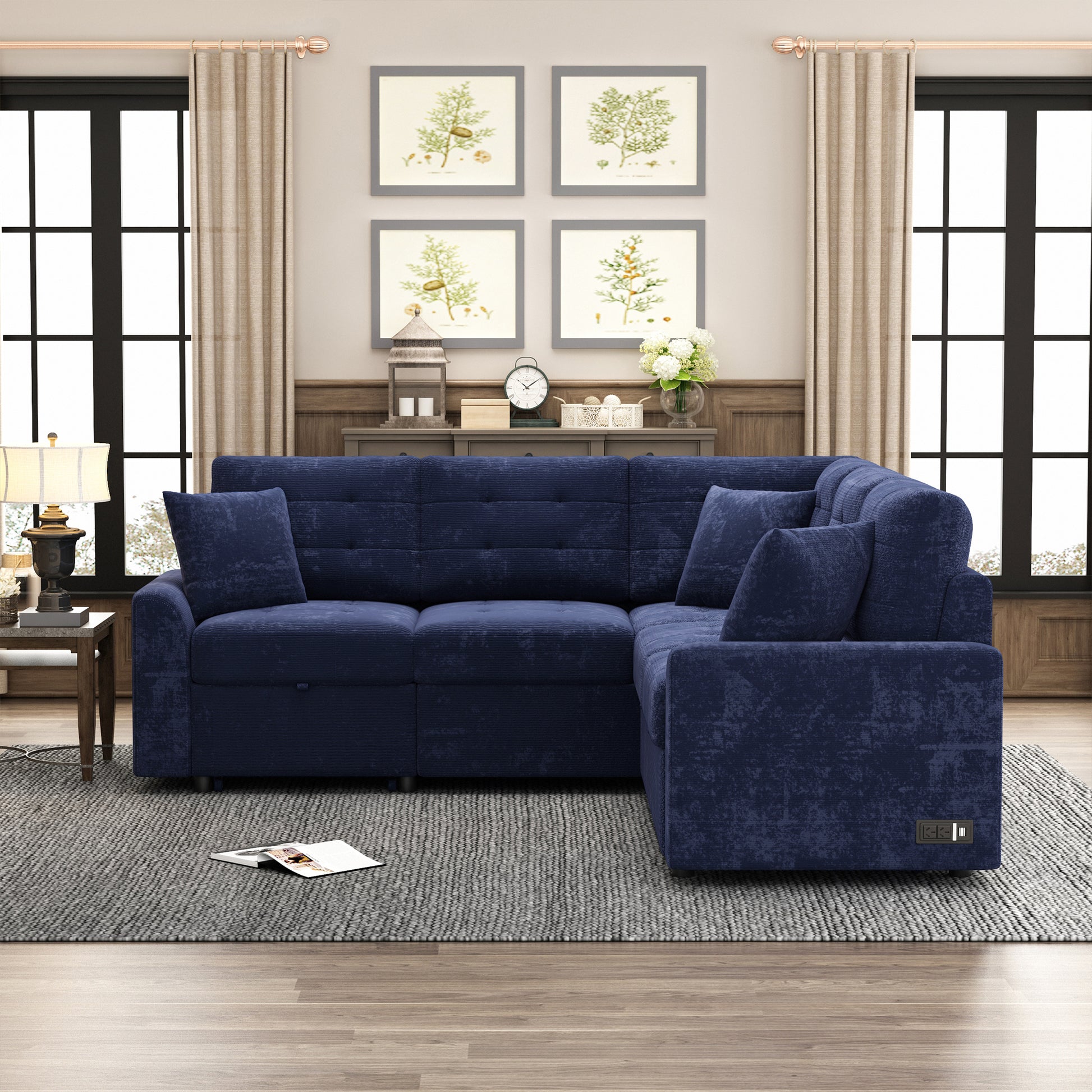 82.6" L Shape Sofa Bed Pull Out Sleeper Sofa With Wheels, Usb Ports, Power Sockets For Living Room, Navy Blue Navy Blue Foam Velvet