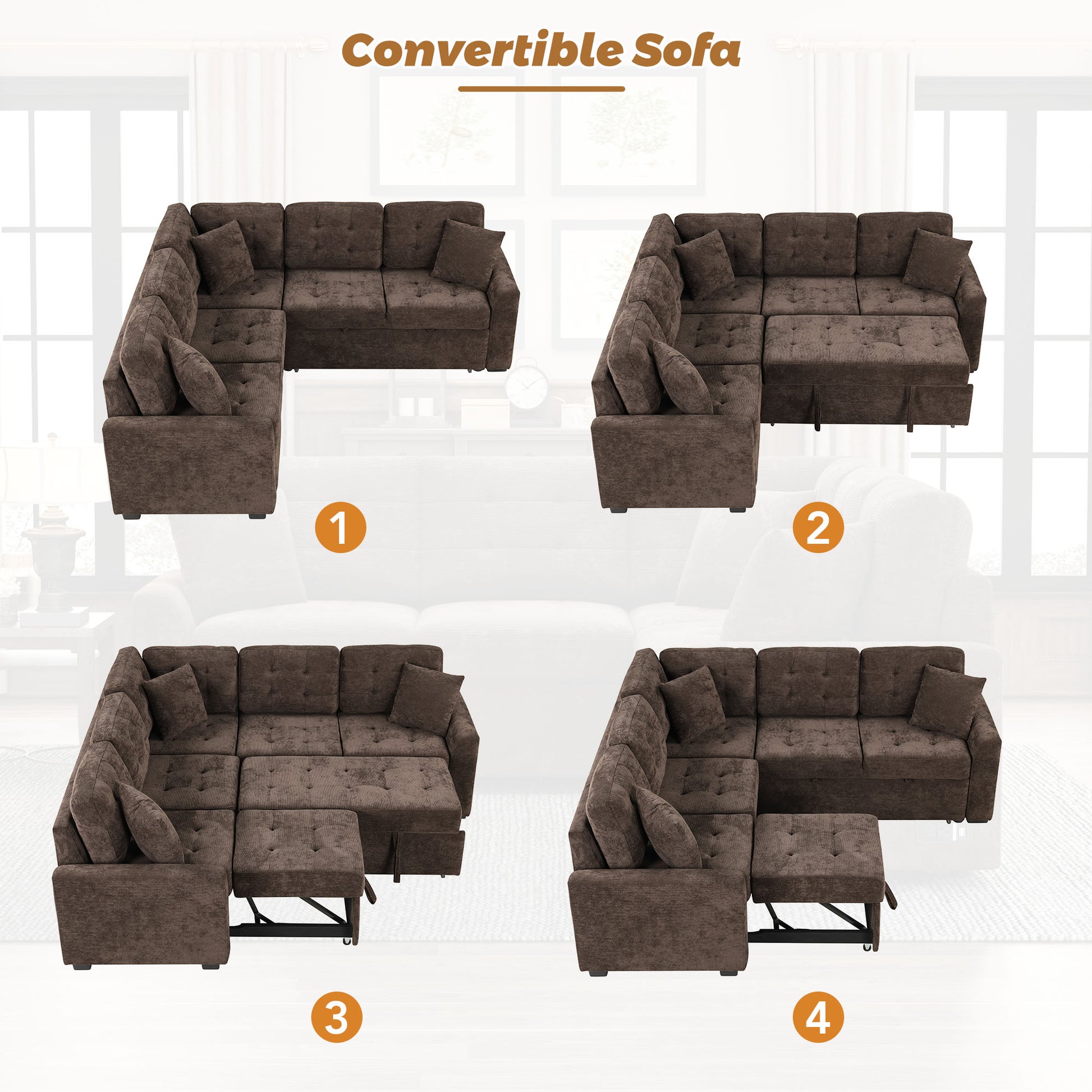 82.6" L Shape Sofa Bed Pull Out Sleeper Sofa With Wheels, Usb Ports, Power Sockets For Living Room, Brown Brown Foam Velvet