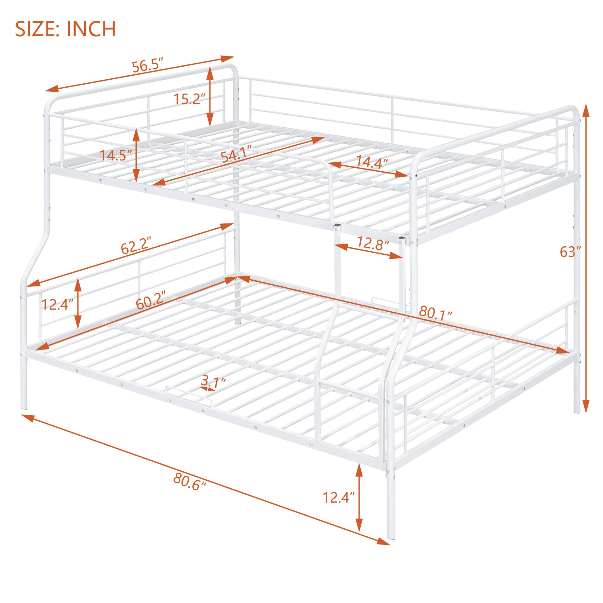 Full Xl Over Queen Metal Bunk Bed, White White Iron