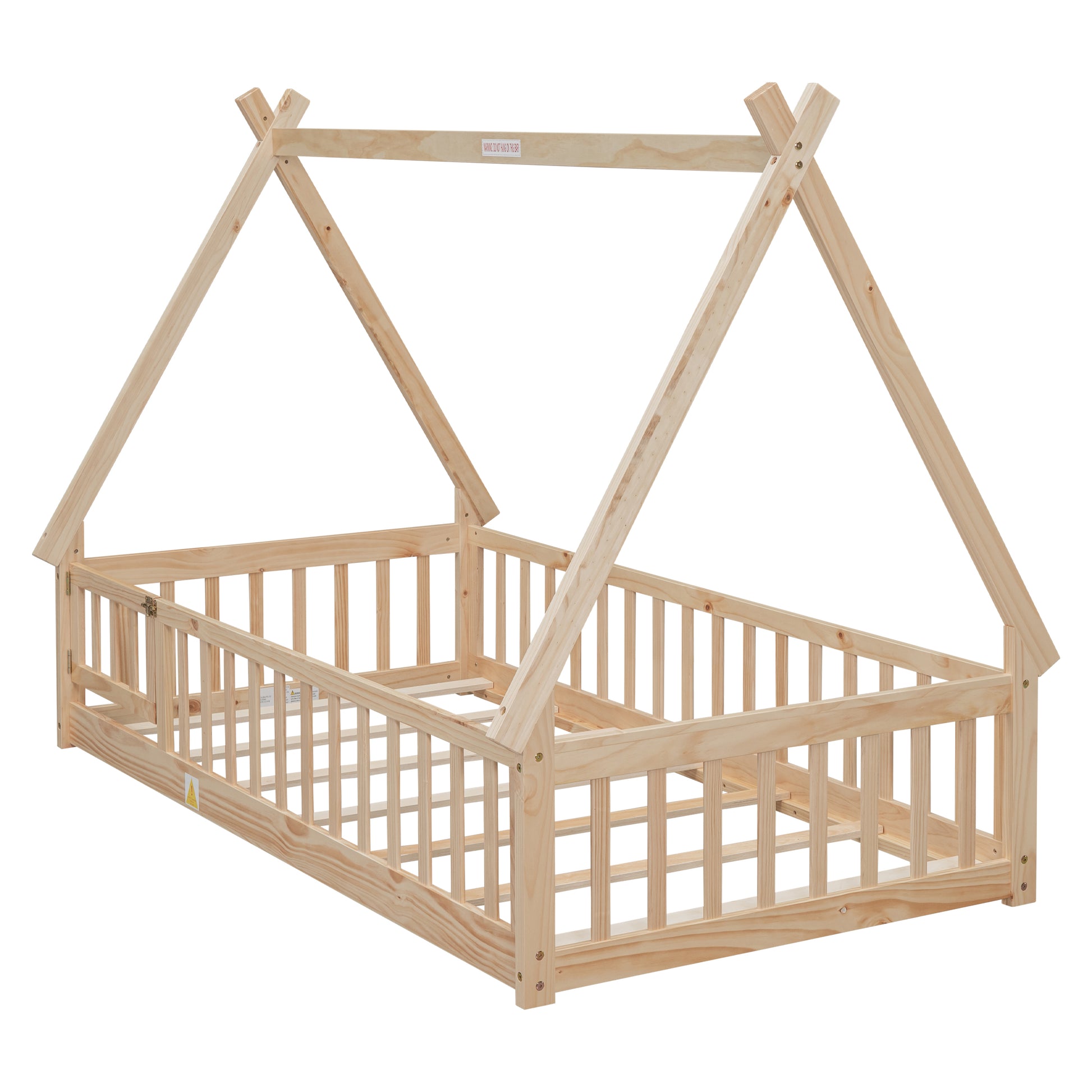 Twin Tent Shaped Floor Bed, With Guardrails, Slats, Door ,Natural Twin Natural Wood Bedroom American Design Pine Bed Frame Pine