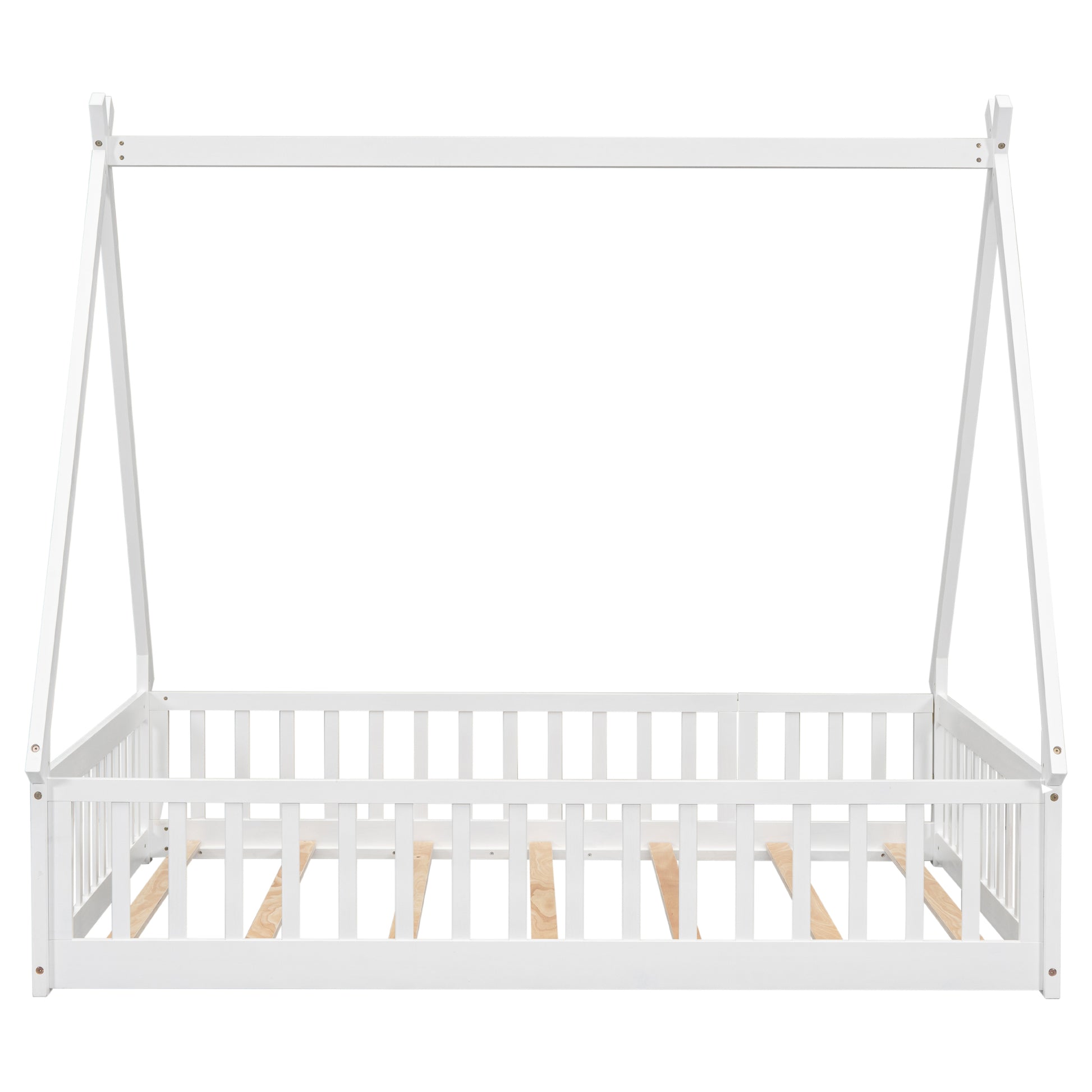 Full Tent Shaped Floor Bed, With Guardrails, Slats, Door ,White Full White Wood Bedroom American Design Pine Bed Frame Pine