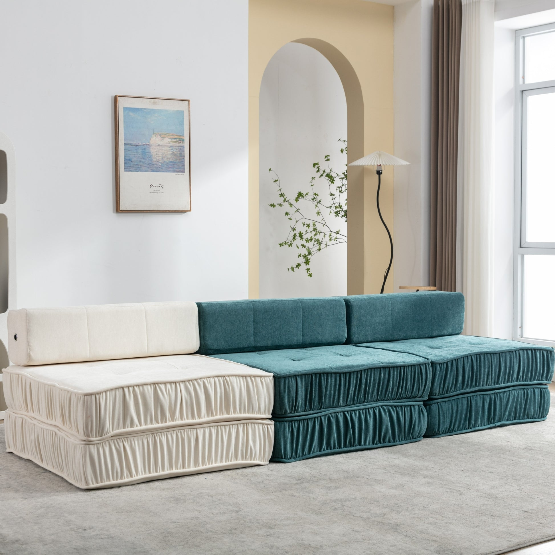 Folding Sofa Bed, Futon Sleeper Chair, Convertible Chair Floor Couch & Sleeping Mattress For Living Room, Guest Room, Home Office, Apartment, Small Space, Bed, Removable Back Cushion, Blue, 1 Seat Blue Chenille Primary Living Space Pillow Back Soft