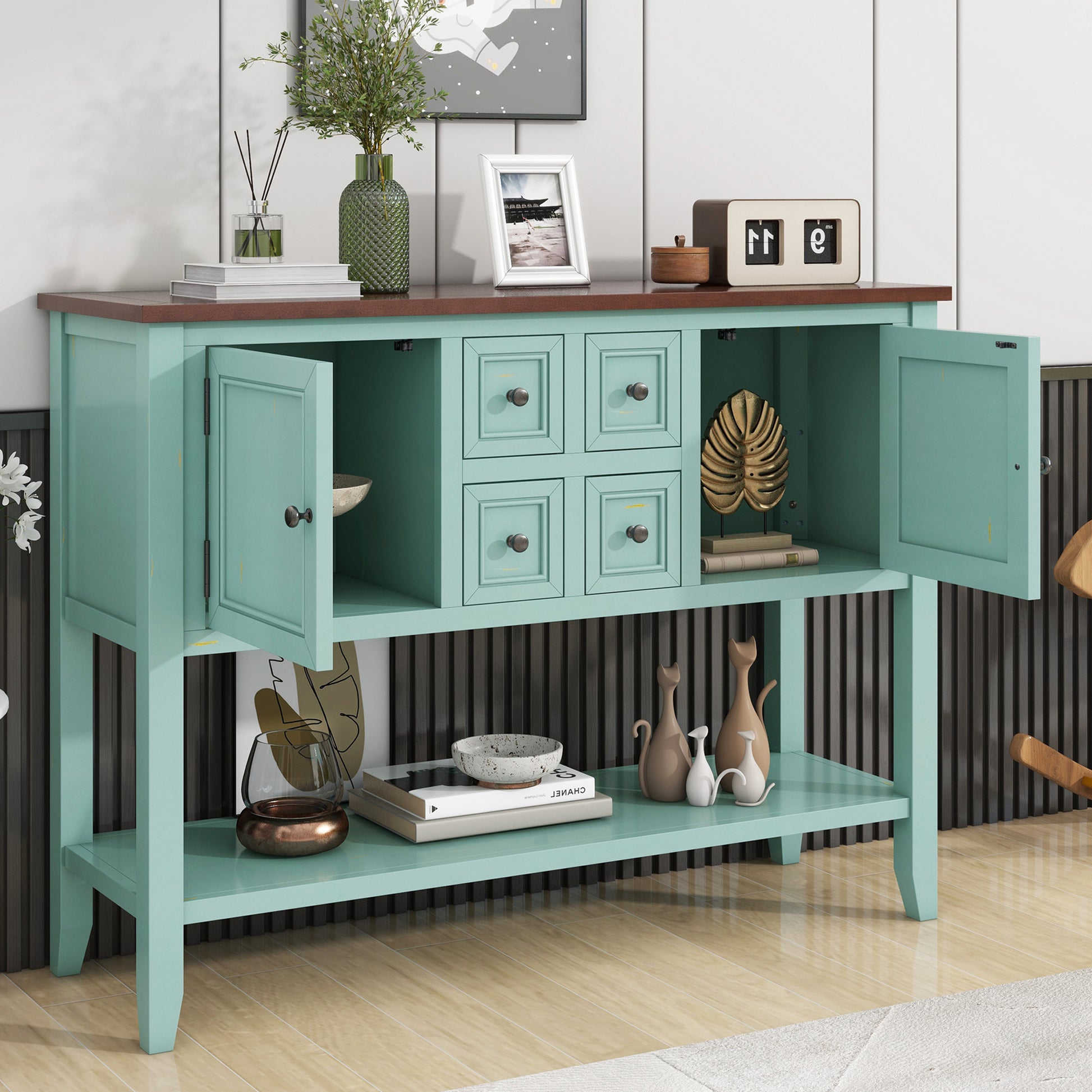 Cambridge Series Large Storage Vintage Console Table With Four Small Drawers And Bottom Shelf For Living Rooms, Entrances And Kitchens Retro Blue, Old Sku: Wf190263Aac Retro Blue Solid Wood Mdf