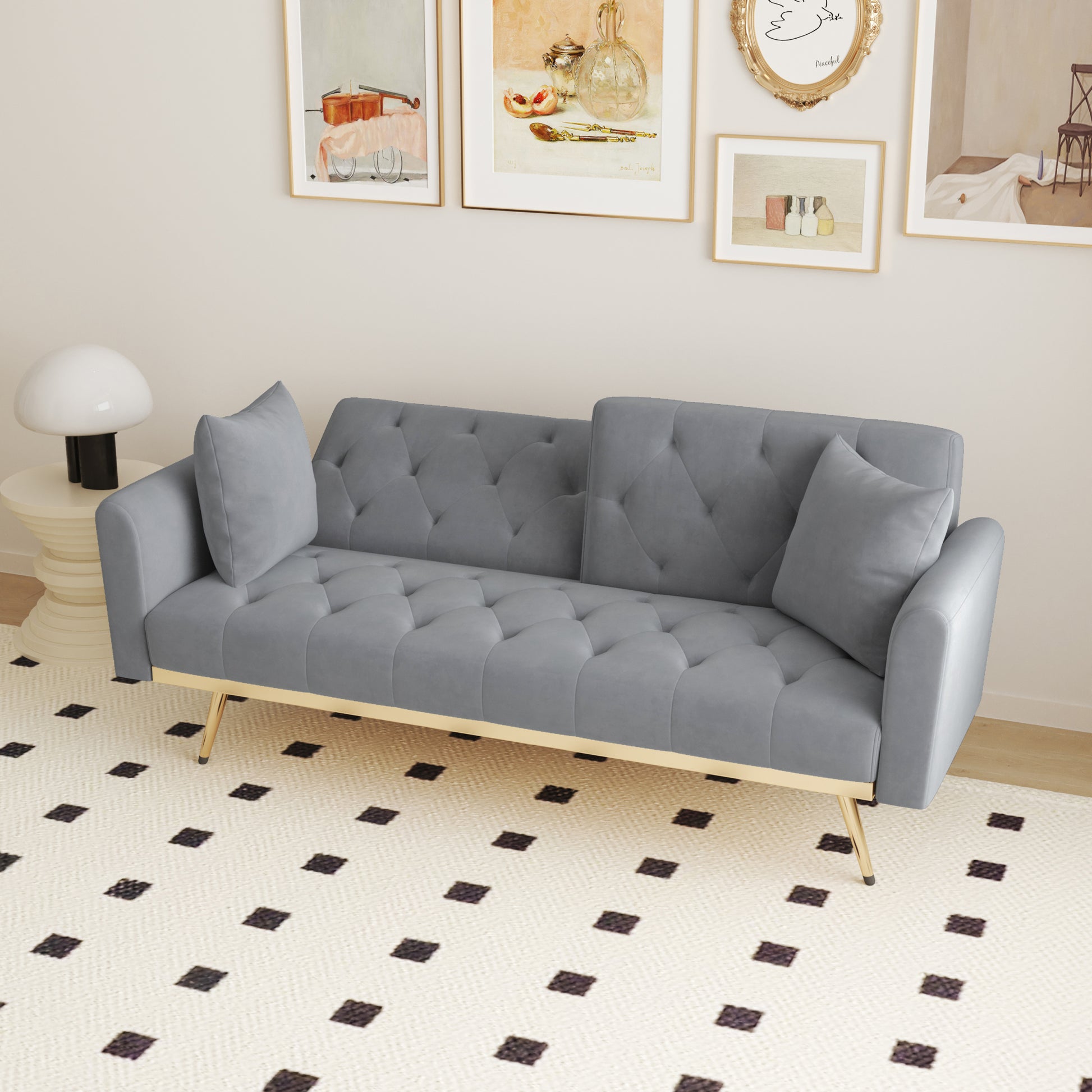 68.3" Gray Velvet Nail Head Sofa Bed With Throw Pillow And Midfoot Gray Foam Velvet 2 Seat