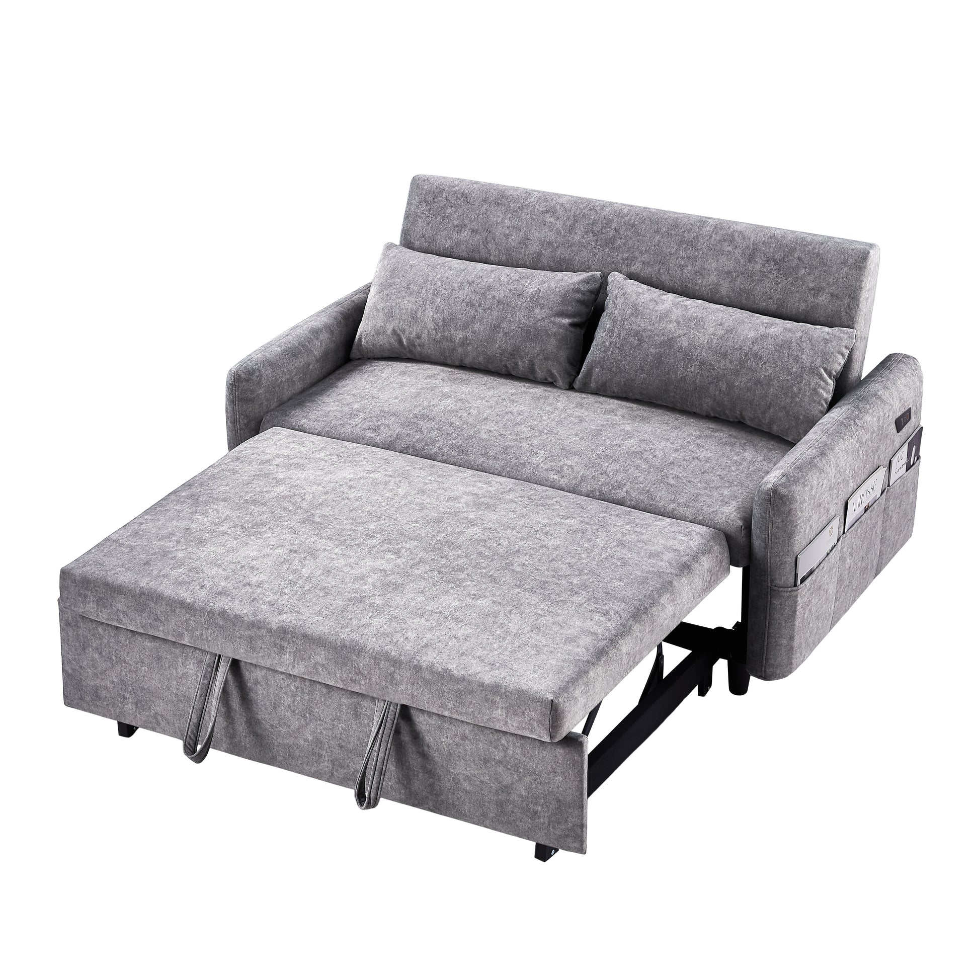 55.1" Pull Out Sleep Sofa Bed Loveseats Sofa Couch With Adjsutable Backrest, Storage Pockets, 2 Soft Pillows, Usb Ports For Living Room, Bedroom, Apartment, Office,Grey Old Sku Wf307821Aae Grey Foam Microfiber