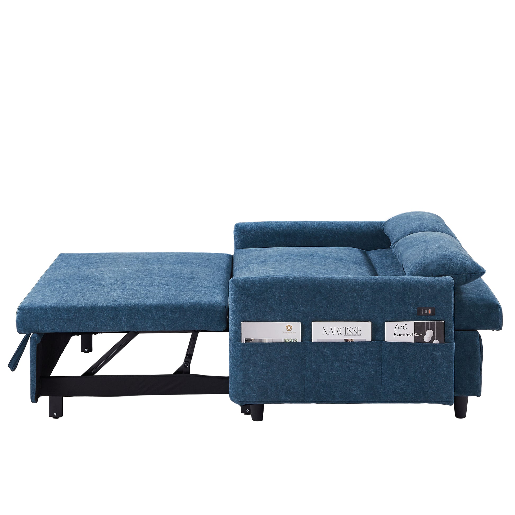 55.1" Pull Out Sleep Sofa Bed Loveseats Sofa Couch With Adjsutable Backrest, Storage Pockets, 2 Soft Pillows, Usb Ports For Living Room, Bedroom, Apartment, Office, Blue Old Sku Wf307821Aac Blue Foam Microfiber