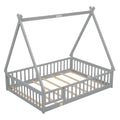 Full Tent Shaped Floor Bed, With Guardrails, Slats, Door ,Grey Full Grey Wood Bedroom American Design Pine Bed Frame Pine