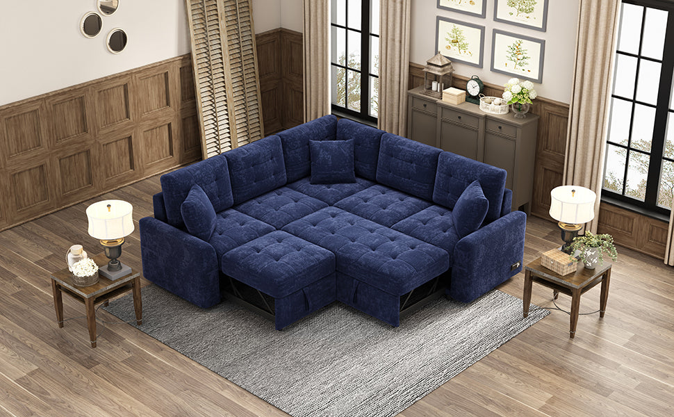 82.6" L Shape Sofa Bed Pull Out Sleeper Sofa With Wheels, Usb Ports, Power Sockets For Living Room, Navy Blue Navy Blue Foam Velvet