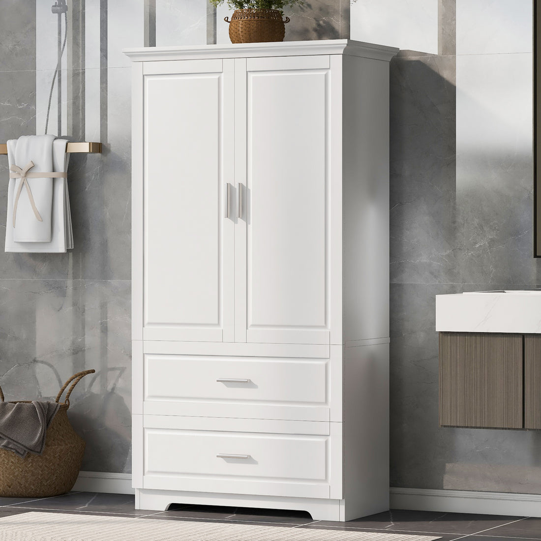 Tall Bathroom Storage Cabinet, Cabinet With Two Doors And Drawers, Adjustable Shelf, Mdf Board, White White Mdf