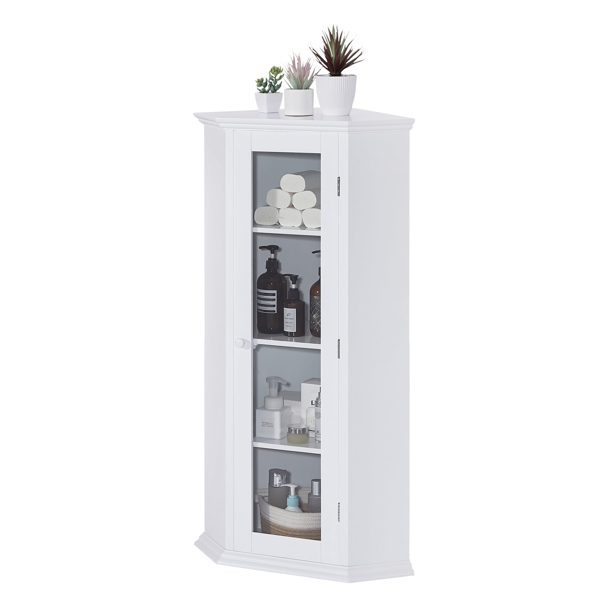 Freestanding Bathroom Cabinet with Glass Door, Corner white-mdf+glass