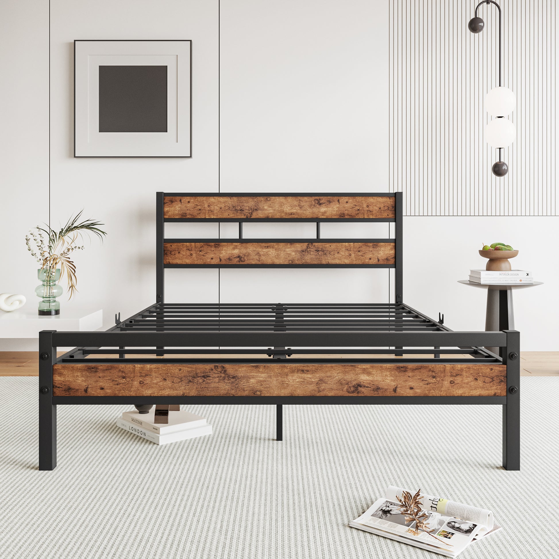 Full Size Platform Bed Frame With Rustic Vintage Wood Headboard, Strong Metal Slats Support, No Box Spring Needed Box Spring Not Required Full Black Metal Brown Bedroom Bed Frame Metal & Wood