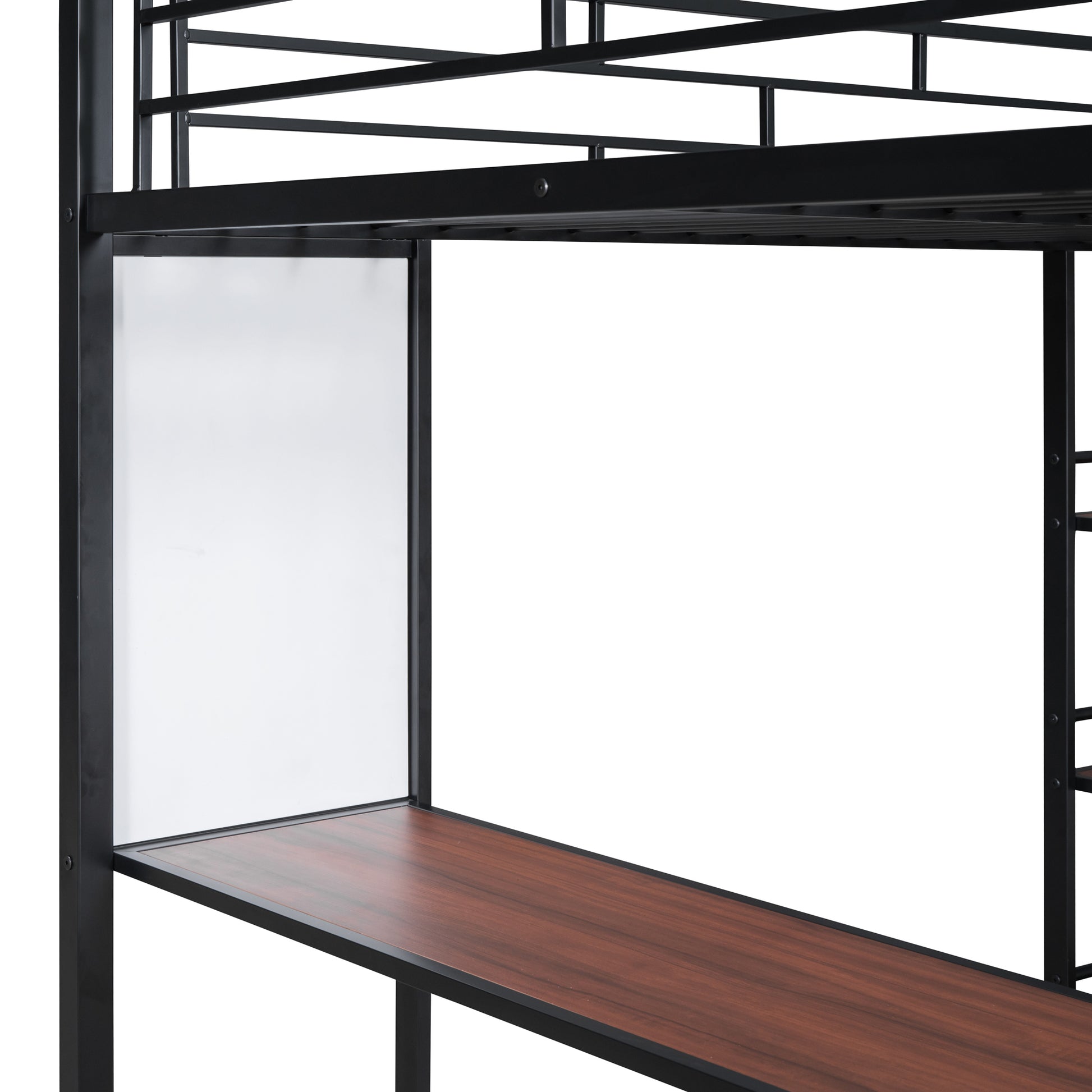 Full Size Loft Metal Bed With 3 Layers Of Shelves And Desk, Stylish Metal Frame Bed With Whiteboard, Black Black Metal