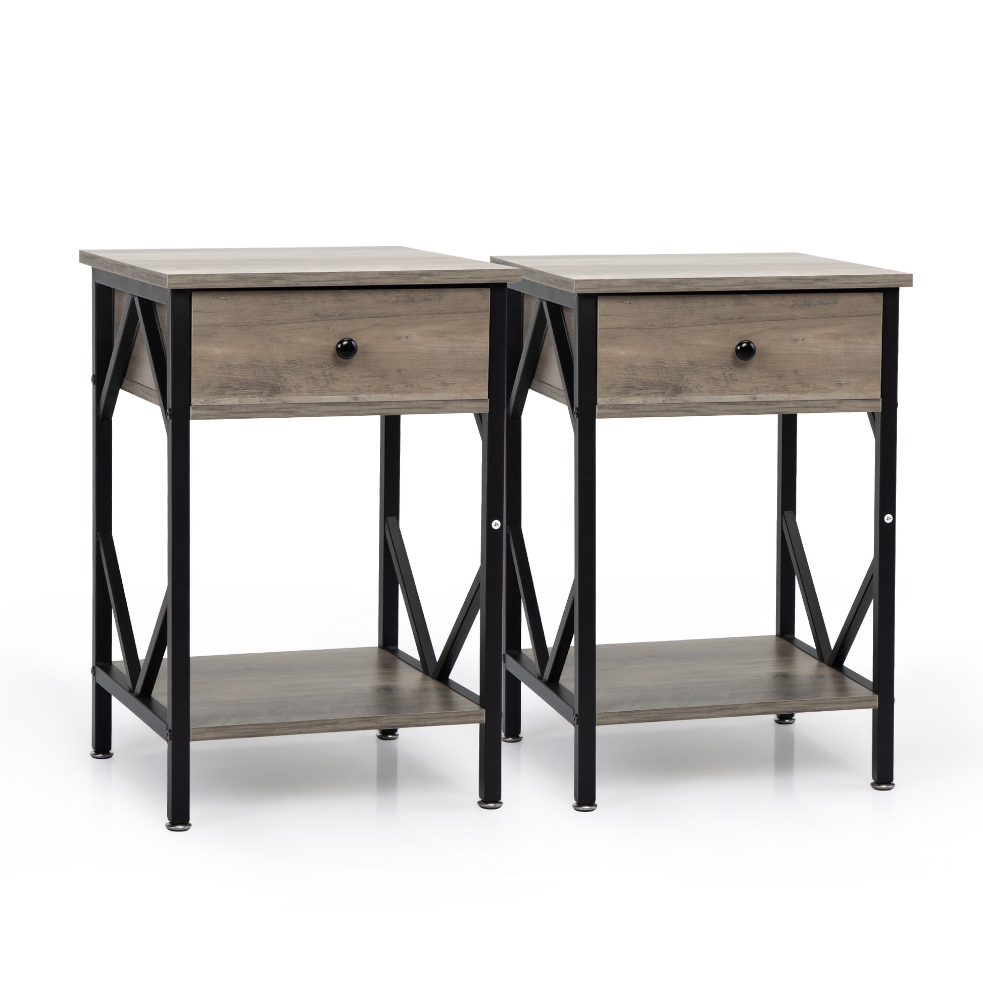 Set Of 2 Nightstand Industrial End Table With Drawer, Storage Shelf And Metal Frame For Living Room, Bedroom,Washed Gray Gray Wash Particle Board