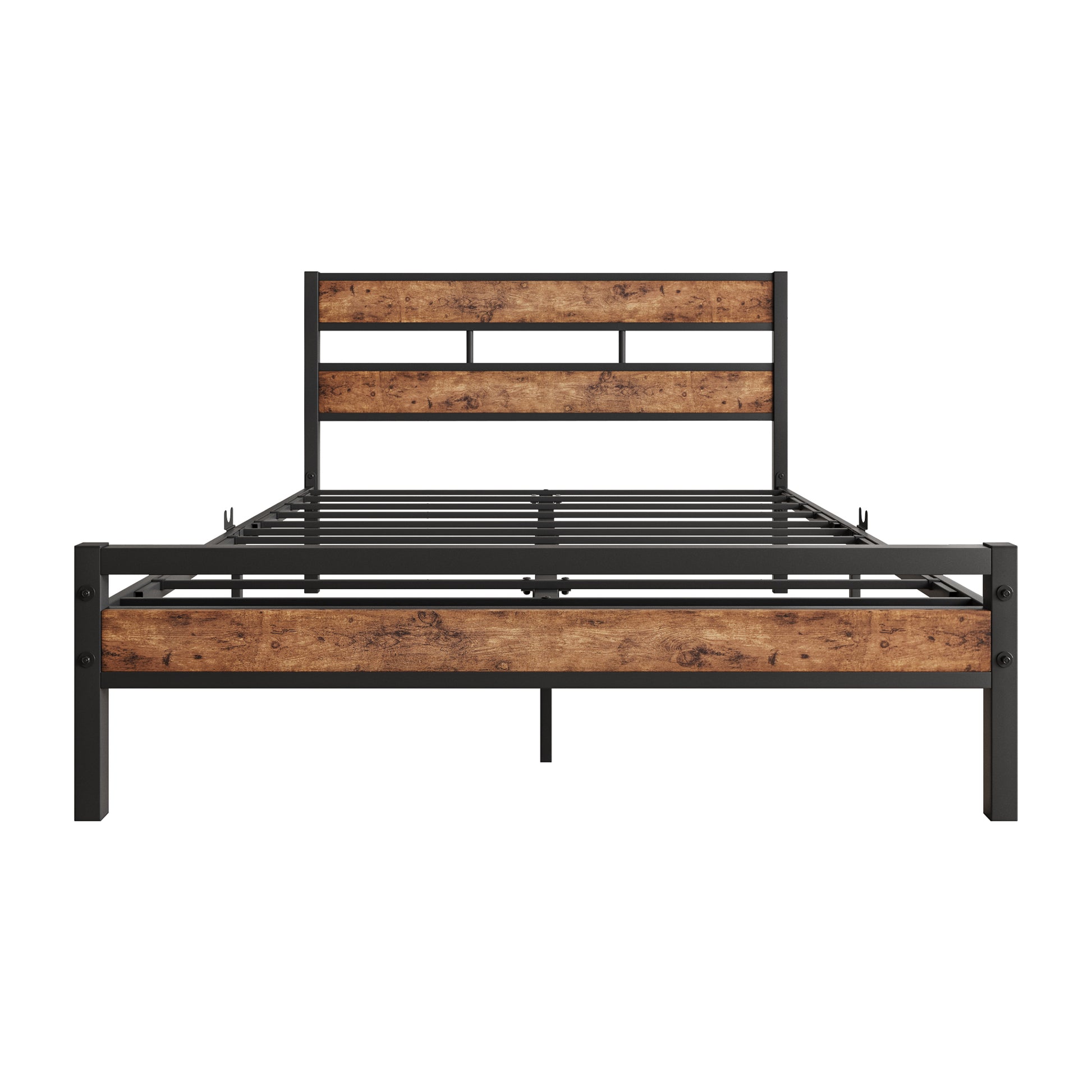 Full Size Platform Bed Frame With Rustic Vintage Wood Headboard, Strong Metal Slats Support, No Box Spring Needed Box Spring Not Required Full Black Metal Brown Bedroom Bed Frame Metal & Wood