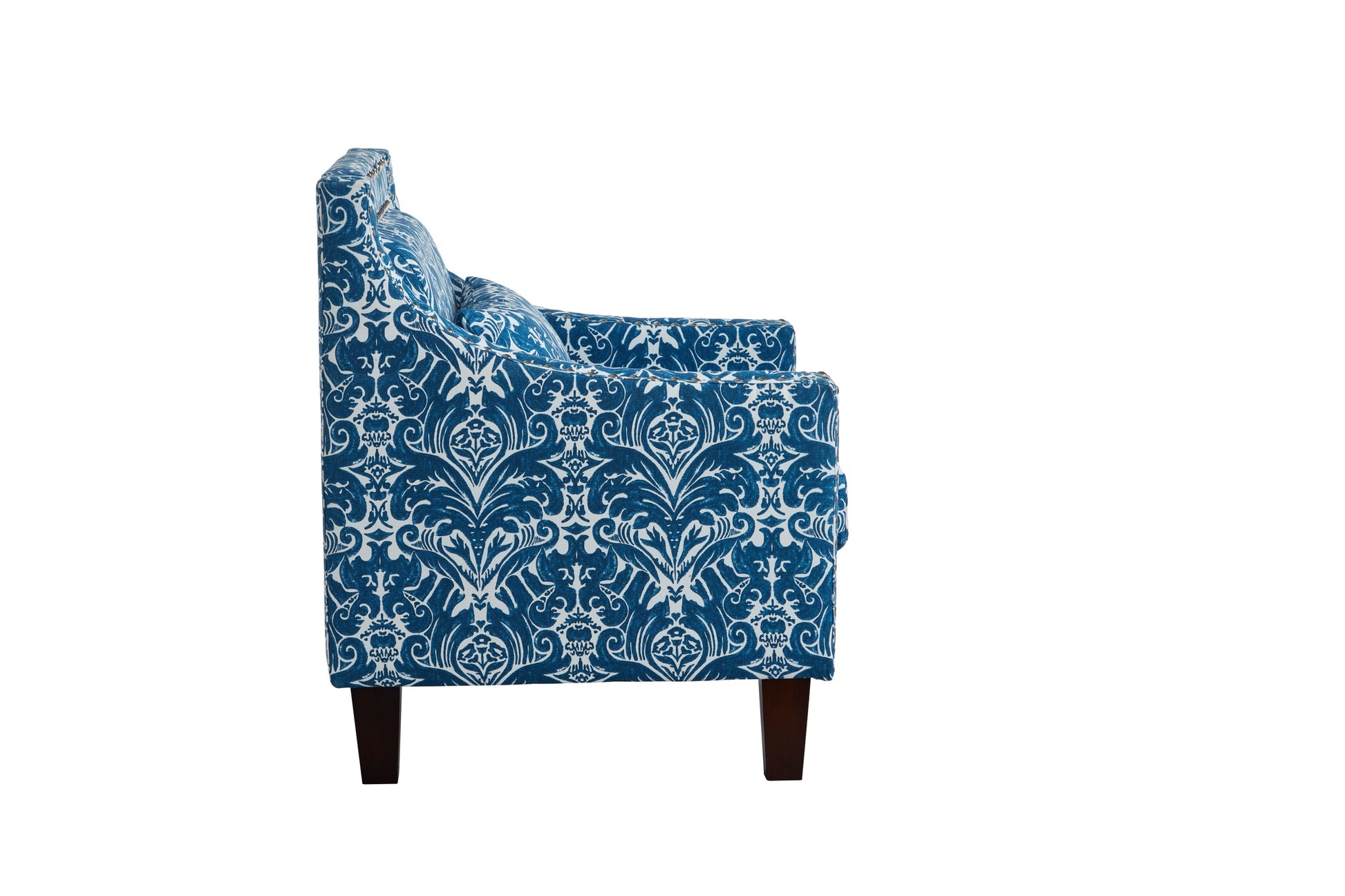 Mid Century Printing Accent Chair, Polyester Fabric Upholstery Club Chair With Nail, Wood Frame Comfy Barrel Chair For Living Room, Bed Room Seat Blue Linen