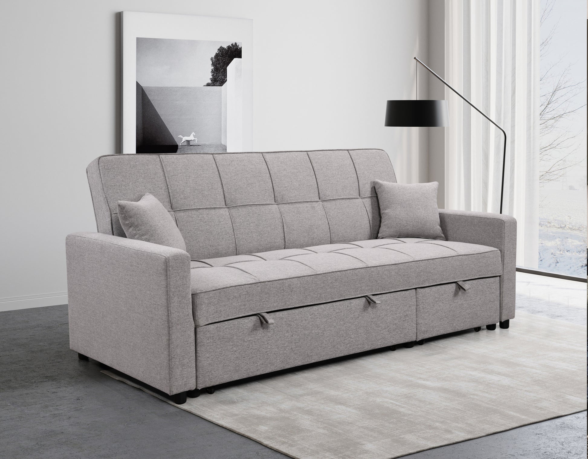 83" Oversized Upholstered Sofa Bed W Pull Out Couch Bed & Adjustable Backrest,3 Seaters Sofa & Couch Convertible Sleep Sofabed For Home Apartment Living Room,Light Gray Light Brown Wood Primary Living Space Heavy Duty Eucalyptus 3 Seat Light Gray Linen