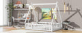 Full Tent Shaped Floor Bed, With Guardrails, Slats, Door ,White Full White Wood Bedroom American Design Pine Bed Frame Pine