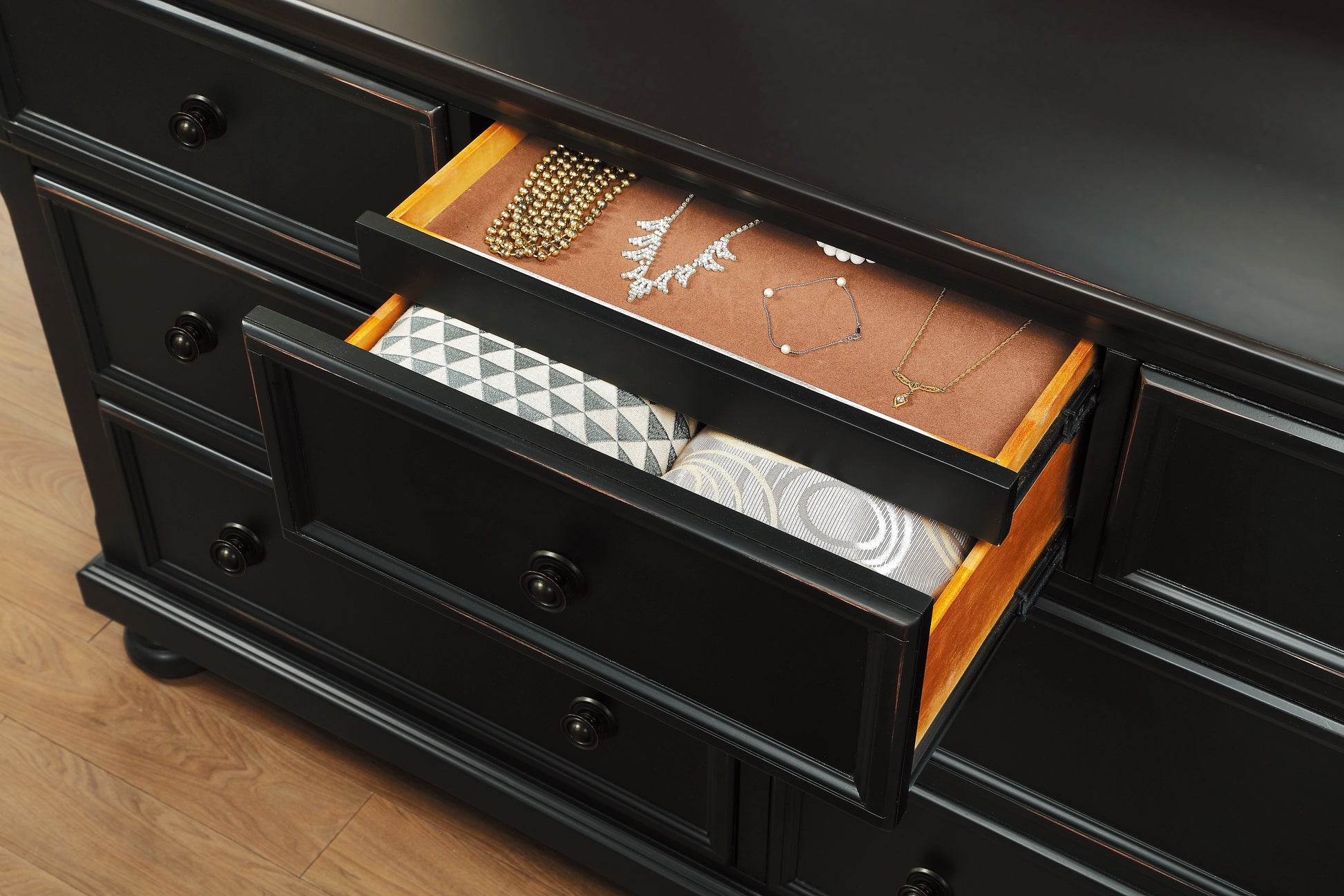 Transitional Black Dresser Of 7 Drawers Jewelry Tray Traditional Design Bedroom Wooden Furniture Black Bedroom Traditional,Transitional Wood