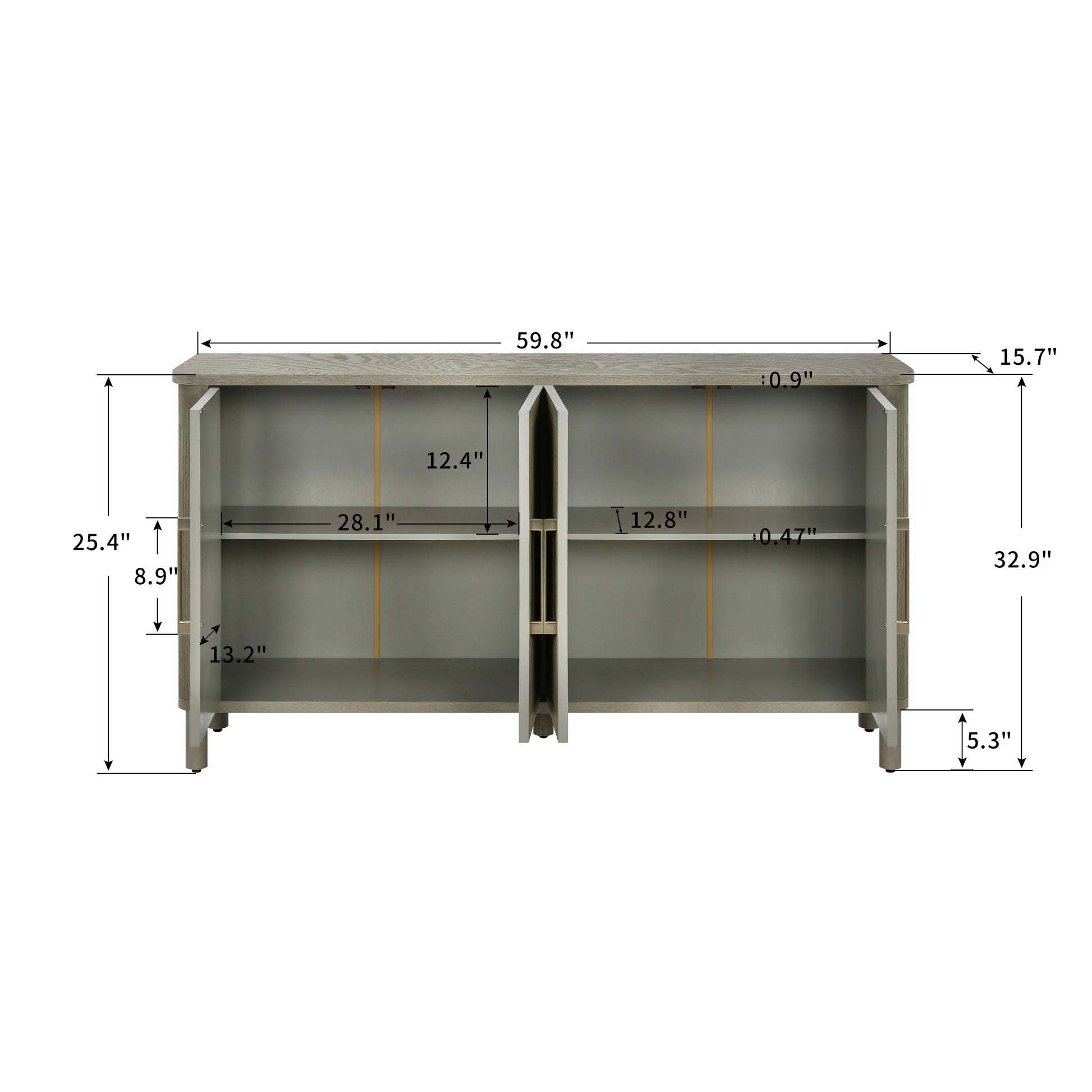 60'' Rounded Design Elements Throughout The Sideboard Including Tabletop, Legs, Four Side Furniture Suitable For Kitchen, Living Room, Entryway Light Gray Mdf