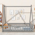 Full Tent Shaped Floor Bed, With Guardrails, Slats, Door ,Grey Full Grey Wood Bedroom American Design Pine Bed Frame Pine