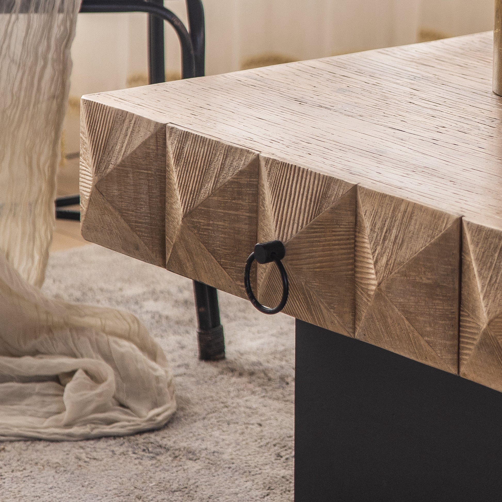 32.28"Three Dimensional Embossed Pattern Square Retro Coffee Table With 2 Drawers And Mdf Base Natural Solid Wood Mdf