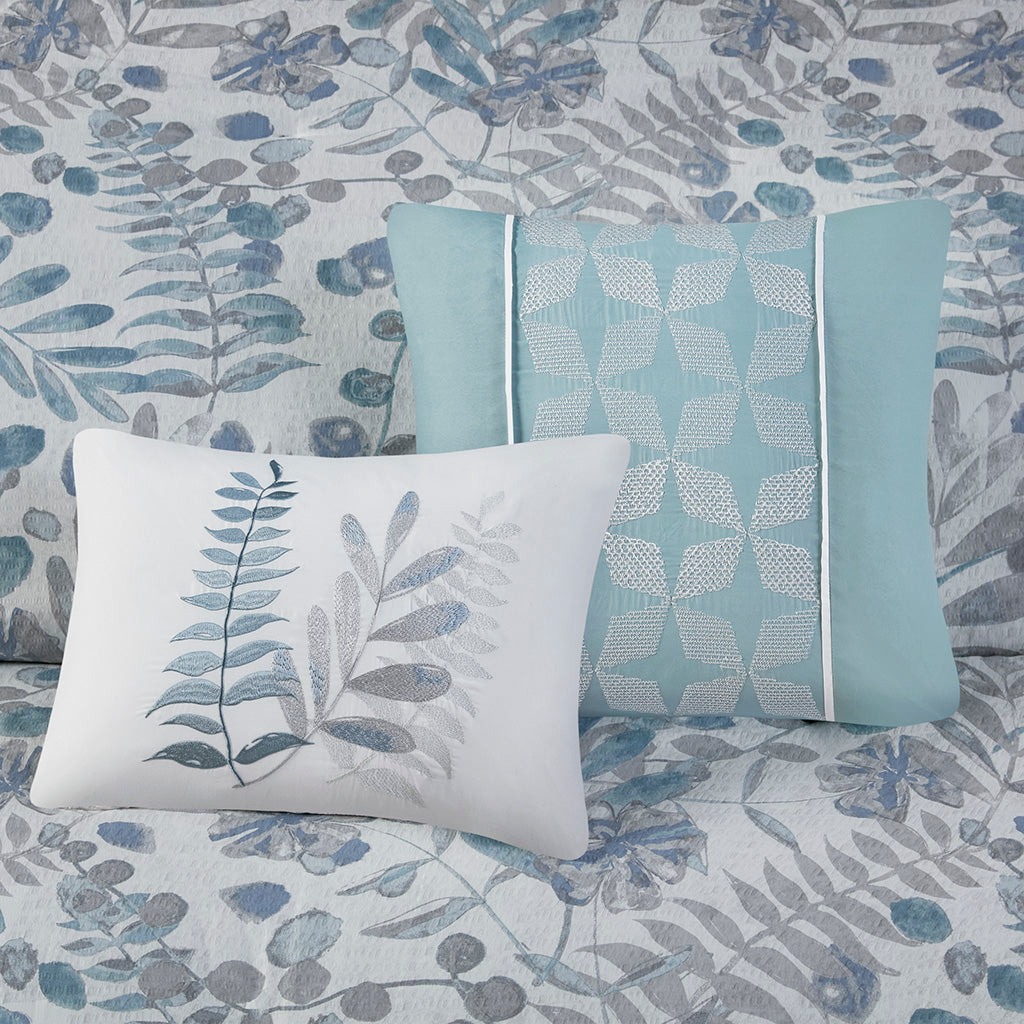 5 Piece Seersucker Duvet Cover Set With Throw Pillows Blue Polyester