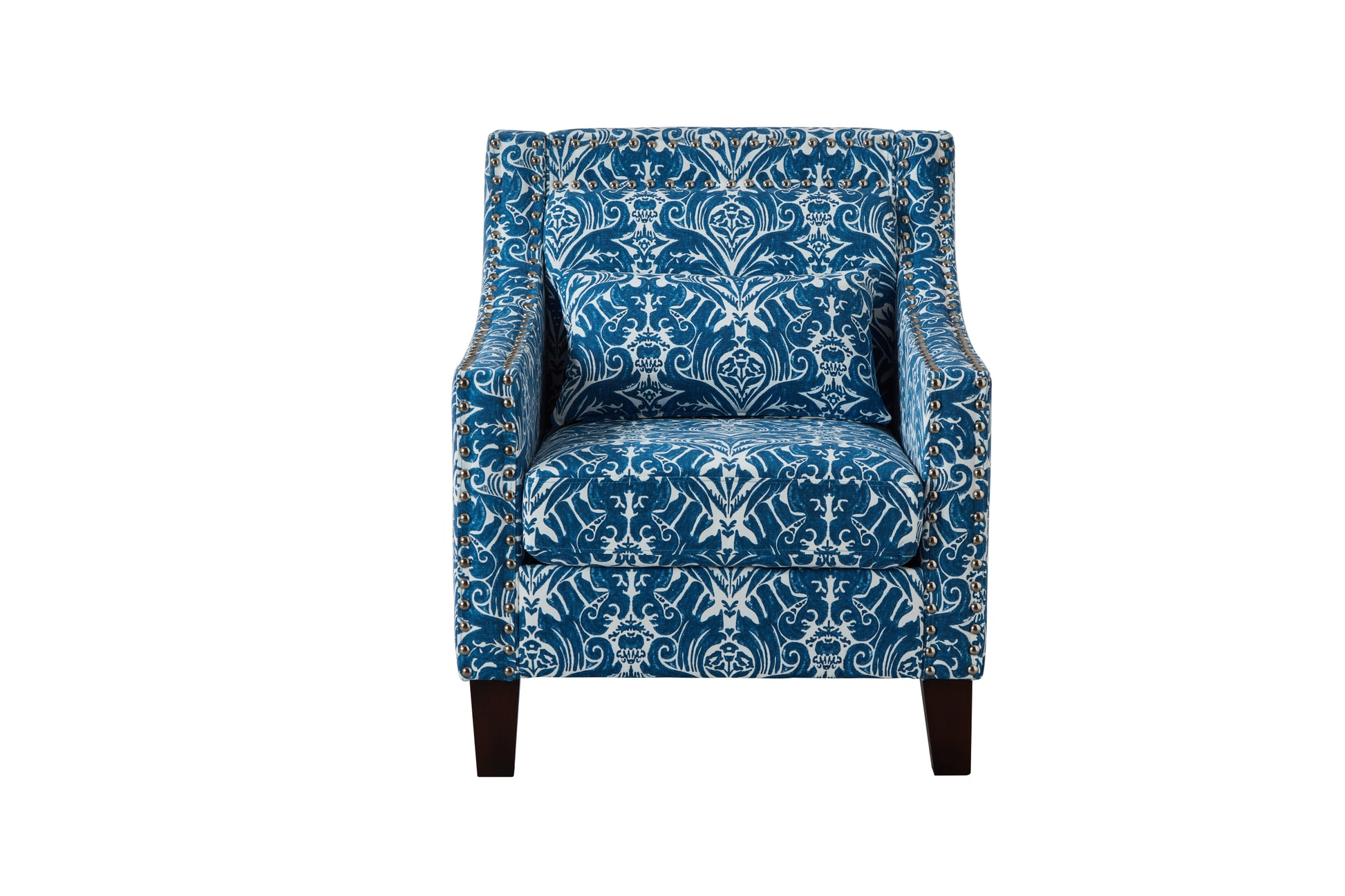 Mid Century Printing Accent Chair, Polyester Fabric Upholstery Club Chair With Nail, Wood Frame Comfy Barrel Chair For Living Room, Bed Room Seat Blue Linen