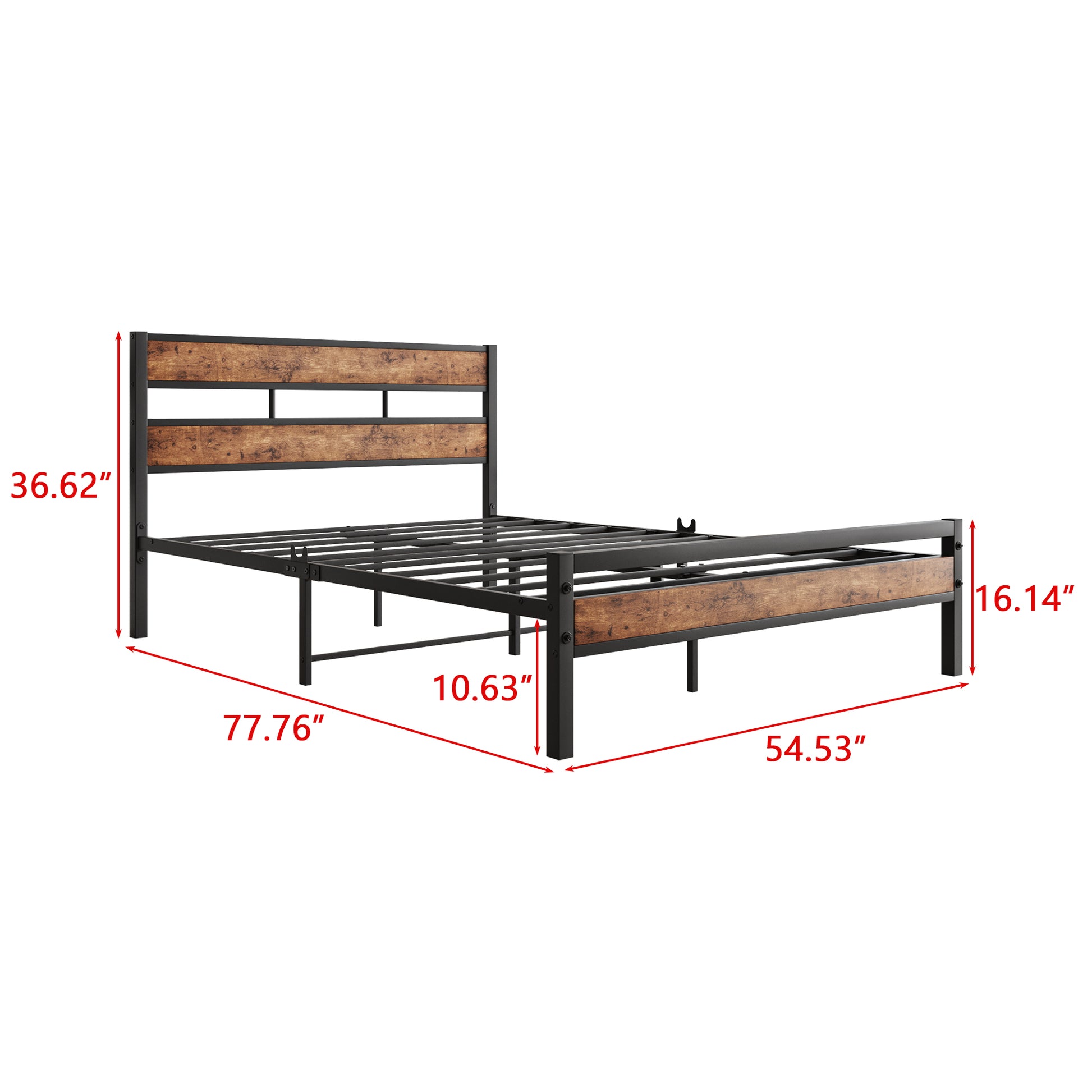 Full Size Platform Bed Frame With Rustic Vintage Wood Headboard, Strong Metal Slats Support, No Box Spring Needed Box Spring Not Required Full Black Metal Brown Bedroom Bed Frame Metal & Wood