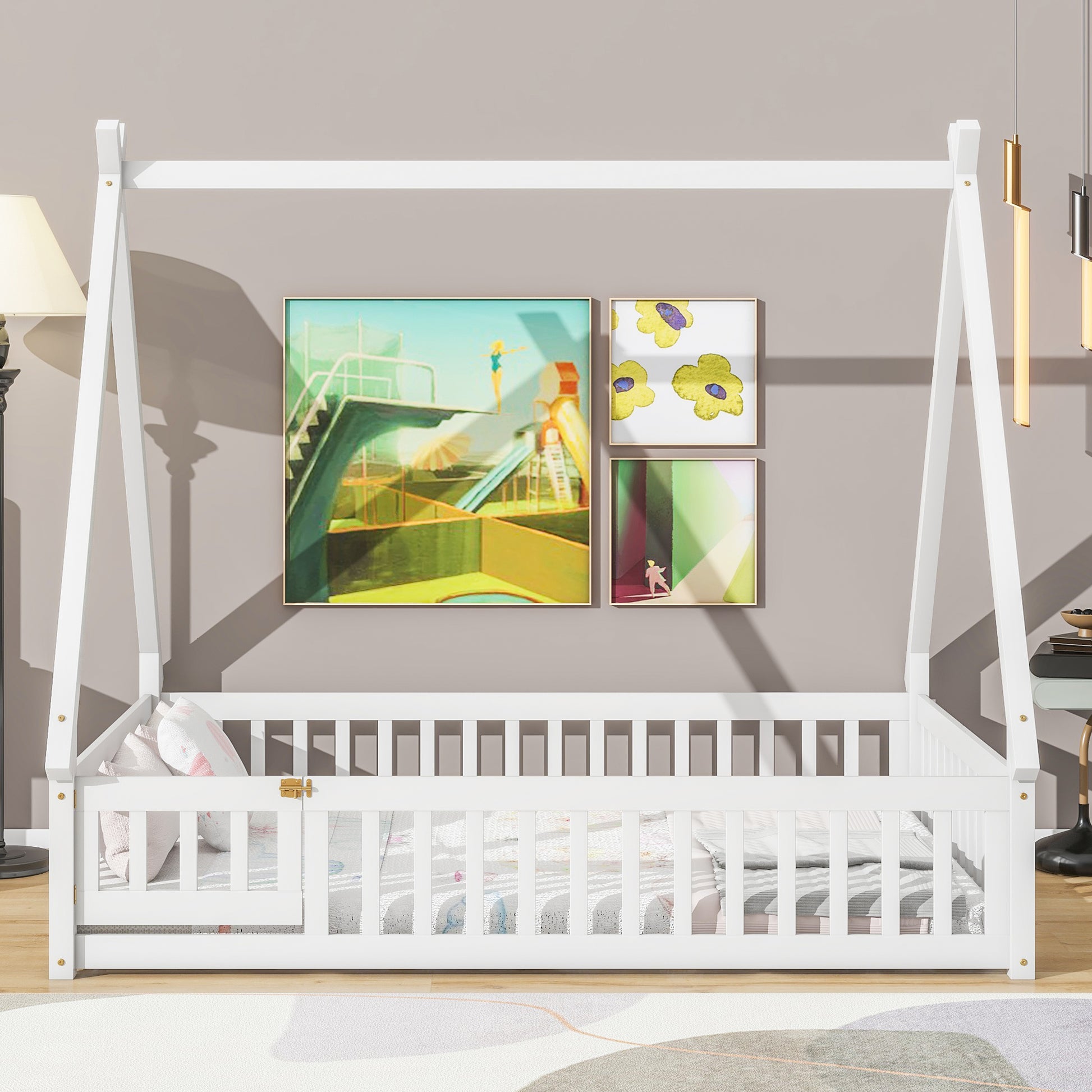 Full Tent Shaped Floor Bed, With Guardrails, Slats, Door ,White Full White Wood Bedroom American Design Pine Bed Frame Pine