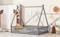 Full Tent Shaped Floor Bed, With Guardrails, Slats, Door ,Grey Full Grey Wood Bedroom American Design Pine Bed Frame Pine