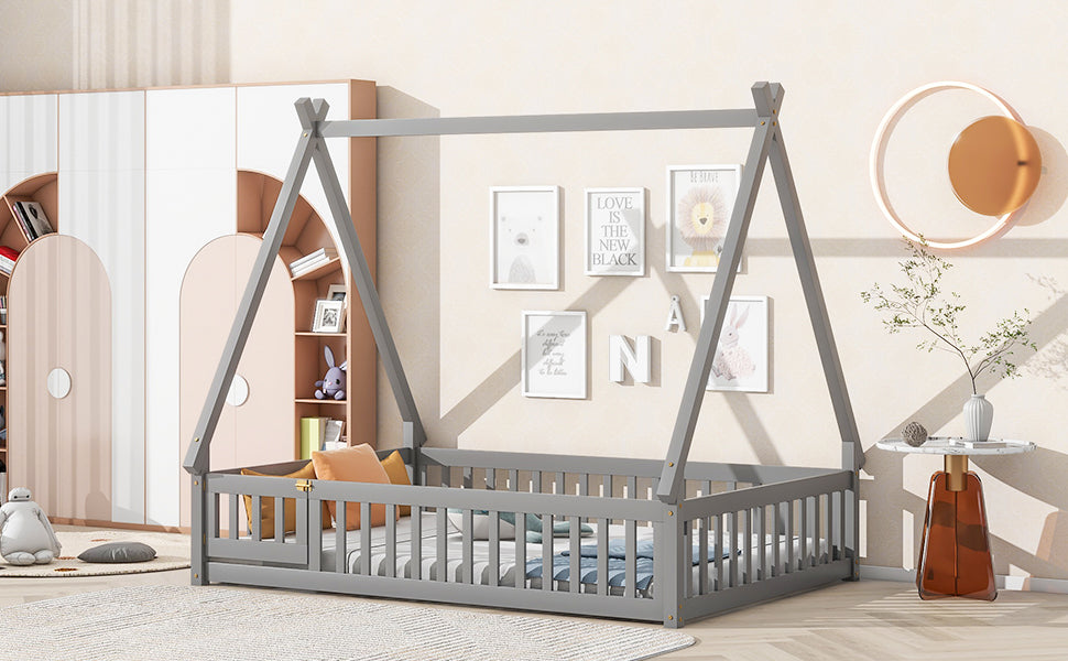 Full Tent Shaped Floor Bed, With Guardrails, Slats, Door ,Grey Full Grey Wood Bedroom American Design Pine Bed Frame Pine