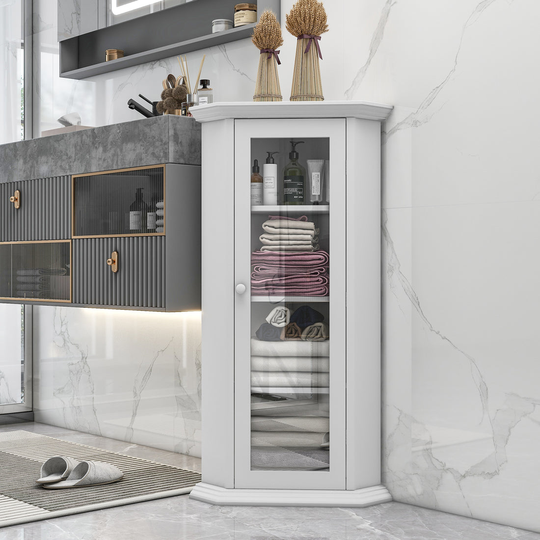 Freestanding Bathroom Cabinet with Glass Door, Corner white-mdf+glass