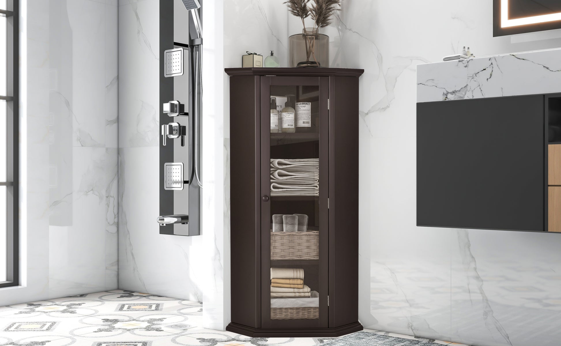 Freestanding Bathroom Cabinet with Glass Door, Corner brown-mdf+glass