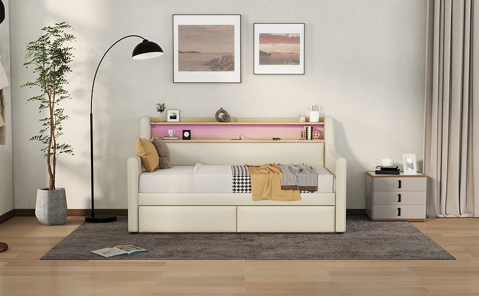 Twin Size Daybed With Storage Drawers, Upholstered Daybed With Charging Station And Led Lights, Beige Expect Arrive Date: December 30Th. Beige Pu Leather