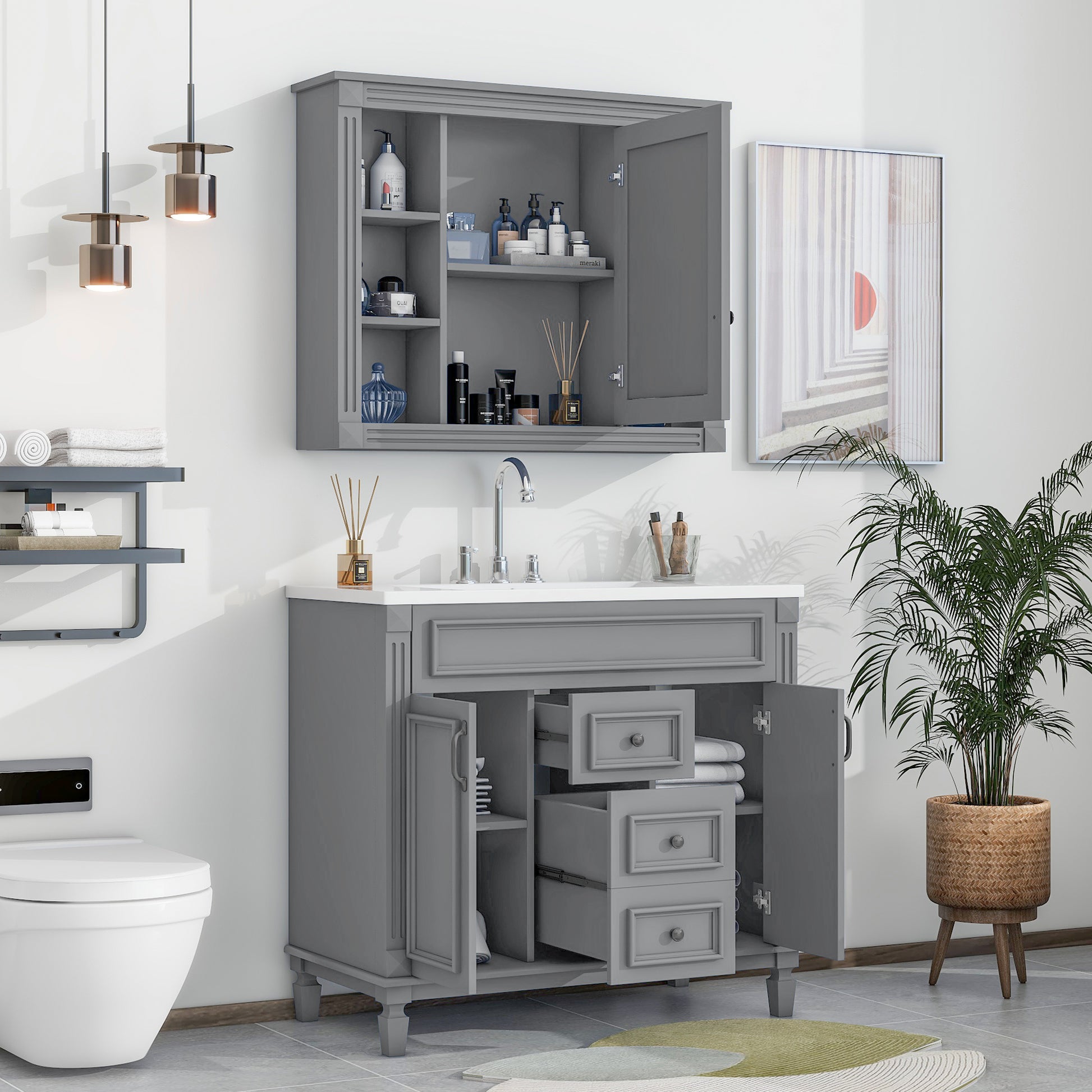 36'' Bathroom Vanity With Top Sink, Grey Mirror Cabinet, Modern Bathroom Storage Cabinet With 2 Soft Closing Doors And 2 Drawers, Single Sink Bathroom Vanity Grey Bathroom Mdf