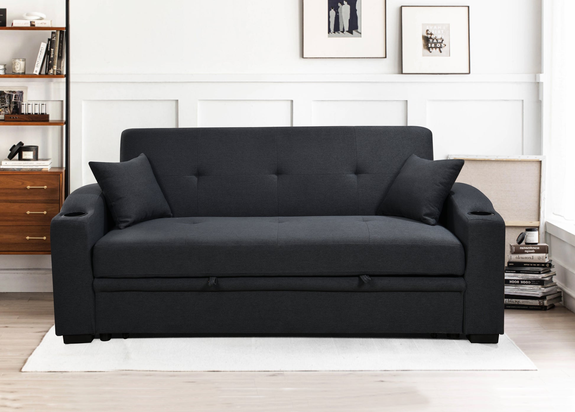 75 Inch 3 In 1 Convertible Modern Sofa With Convenient Pull Out Bed,Reclining Backrest, Cup Holders,Pillows And Pockets, Futon Couches For Living Room Apartment Office,Dark Blue Light Brown Wood Primary Living Space Heavy Duty Eucalyptus 3 Seat Dark Blue