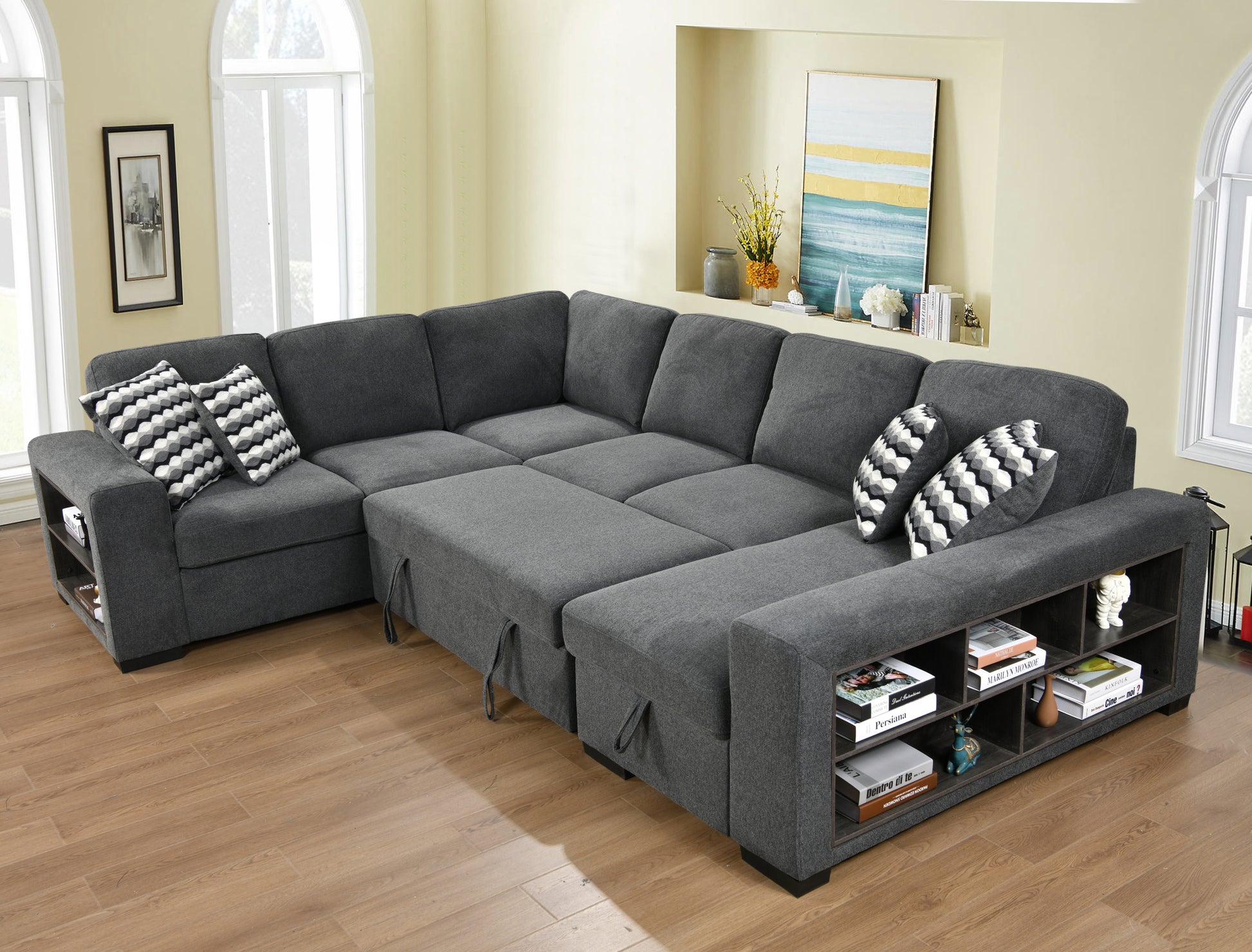125'' Modern U Shaped 7 Seat Sectional Sofa Couch With Cabinet,Sofa Bed With Storage Chaise Pull Out Couch Bed For Living Room,Dark Gray Light Brown Wood Primary Living Space Heavy Duty Eucalyptus 7 Seat Dark Gray Polyester Soft Pillow Back Modern Square