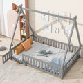 Full Tent Shaped Floor Bed, With Guardrails, Slats, Door ,Grey Full Grey Wood Bedroom American Design Pine Bed Frame Pine