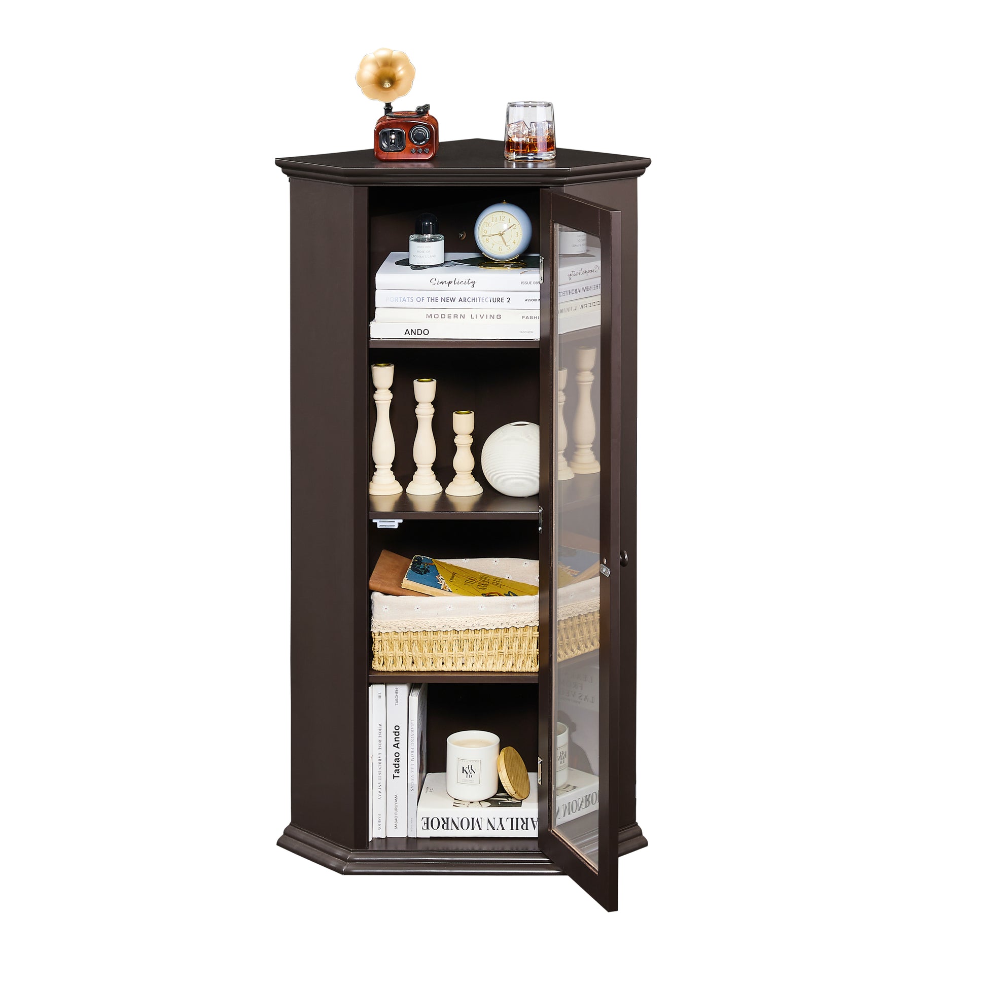 Freestanding Bathroom Cabinet with Glass Door, Corner brown-mdf+glass