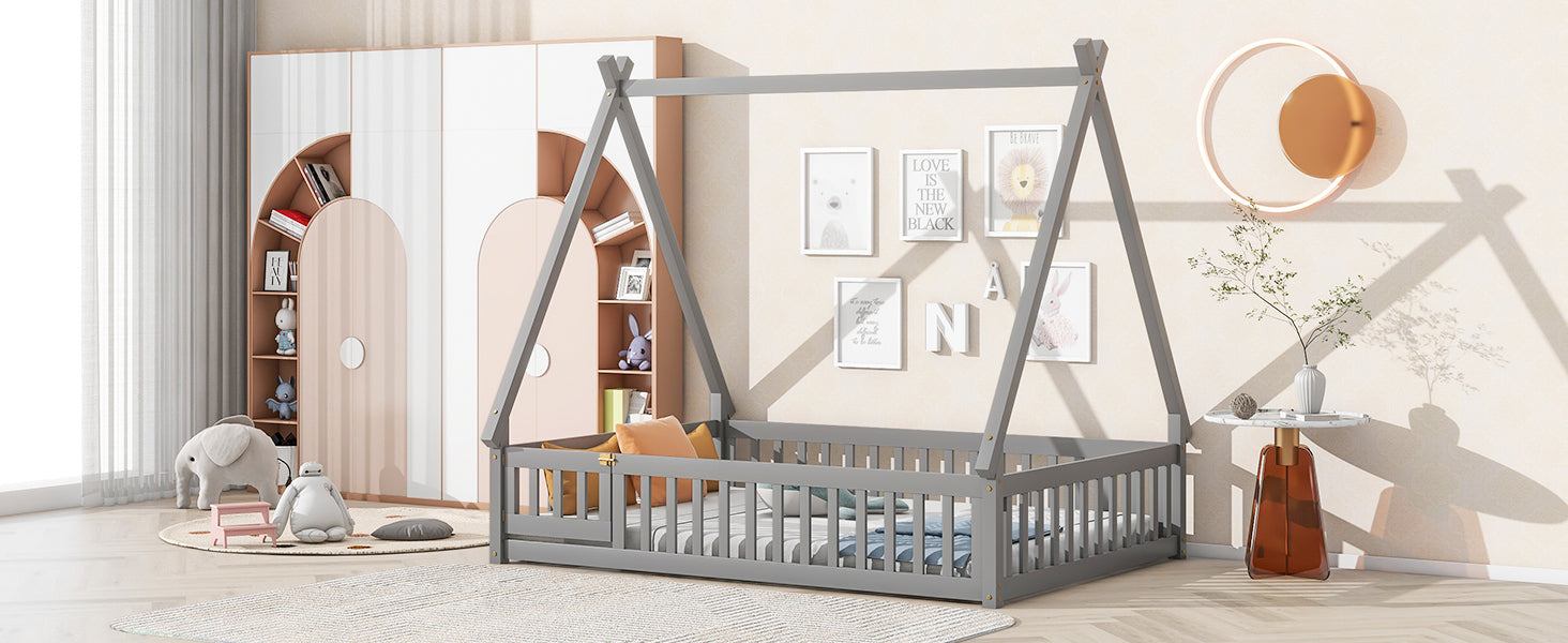 Full Tent Shaped Floor Bed, With Guardrails, Slats, Door ,Grey Full Grey Wood Bedroom American Design Pine Bed Frame Pine