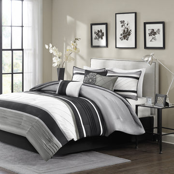 7 Piece Comforter Set Grey Polyester