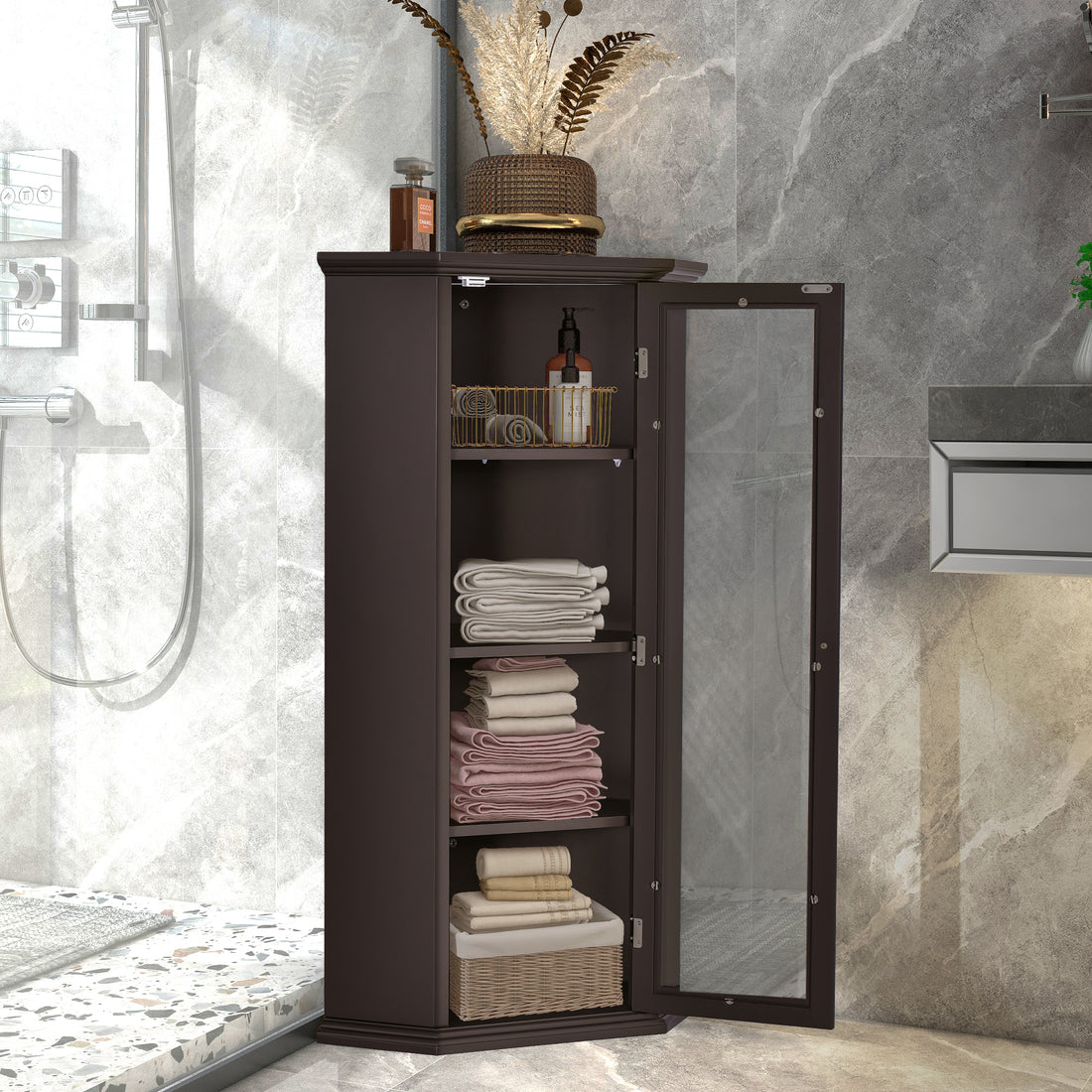 Freestanding Bathroom Cabinet with Glass Door, Corner white-mdf+glass