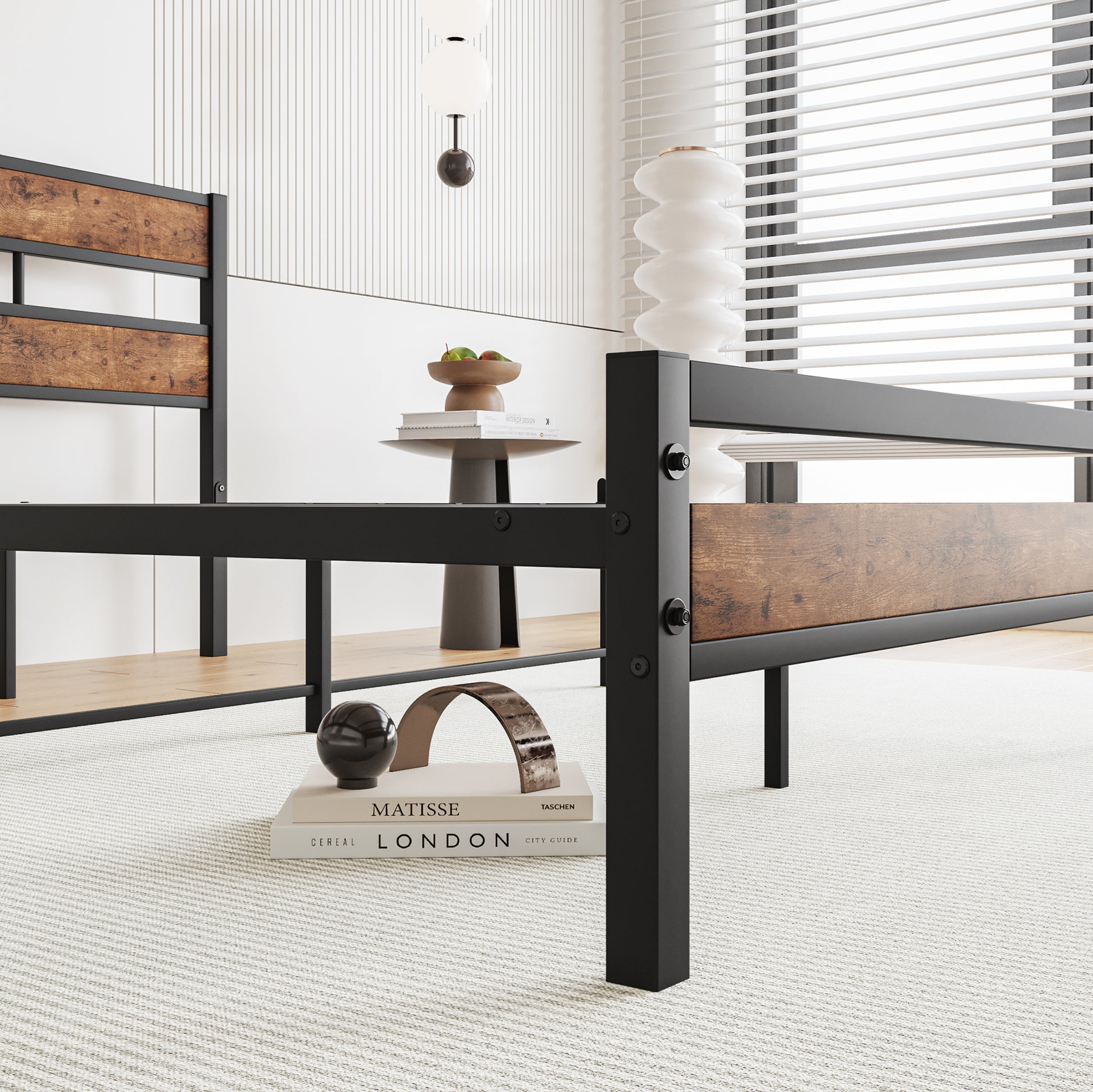Full Size Platform Bed Frame With Rustic Vintage Wood Headboard, Strong Metal Slats Support, No Box Spring Needed Box Spring Not Required Full Black Metal Brown Bedroom Bed Frame Metal & Wood