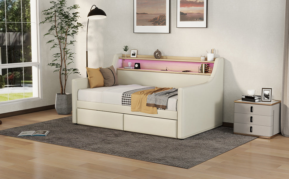 Twin Size Daybed With Storage Drawers, Upholstered Daybed With Charging Station And Led Lights, Beige Expect Arrive Date: December 30Th. Beige Pu Leather