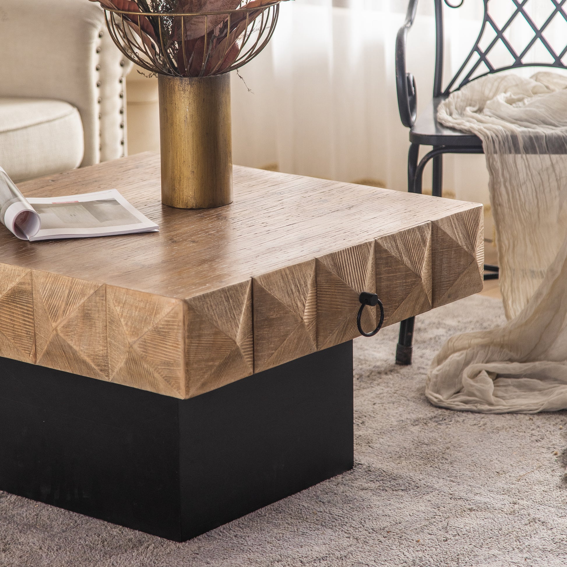 32.28"Three Dimensional Embossed Pattern Square Retro Coffee Table With 2 Drawers And Mdf Base Natural Solid Wood Mdf